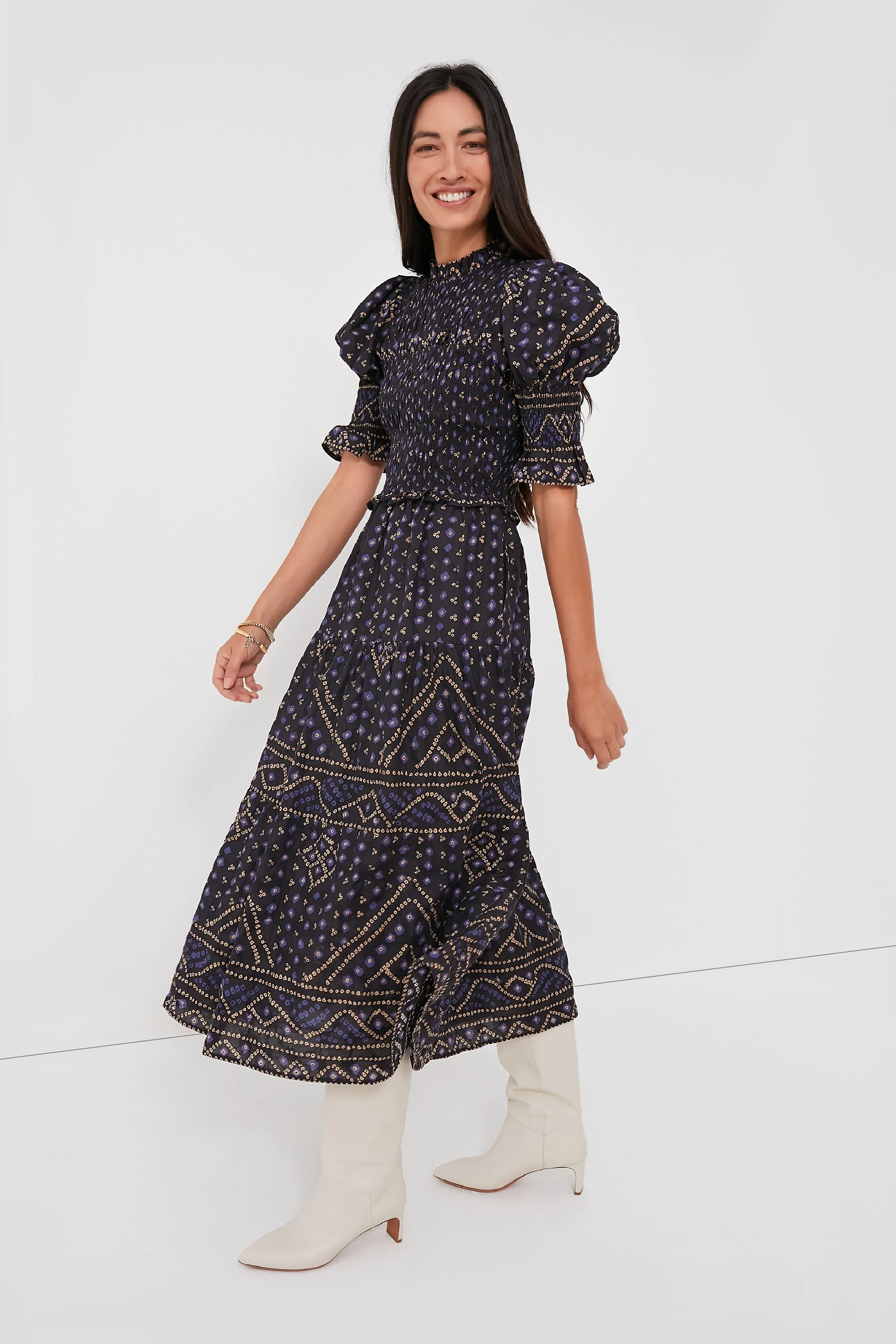 Blue Delphine Pucker Cotton Puff Sleeve Smocked Dress - Image 3