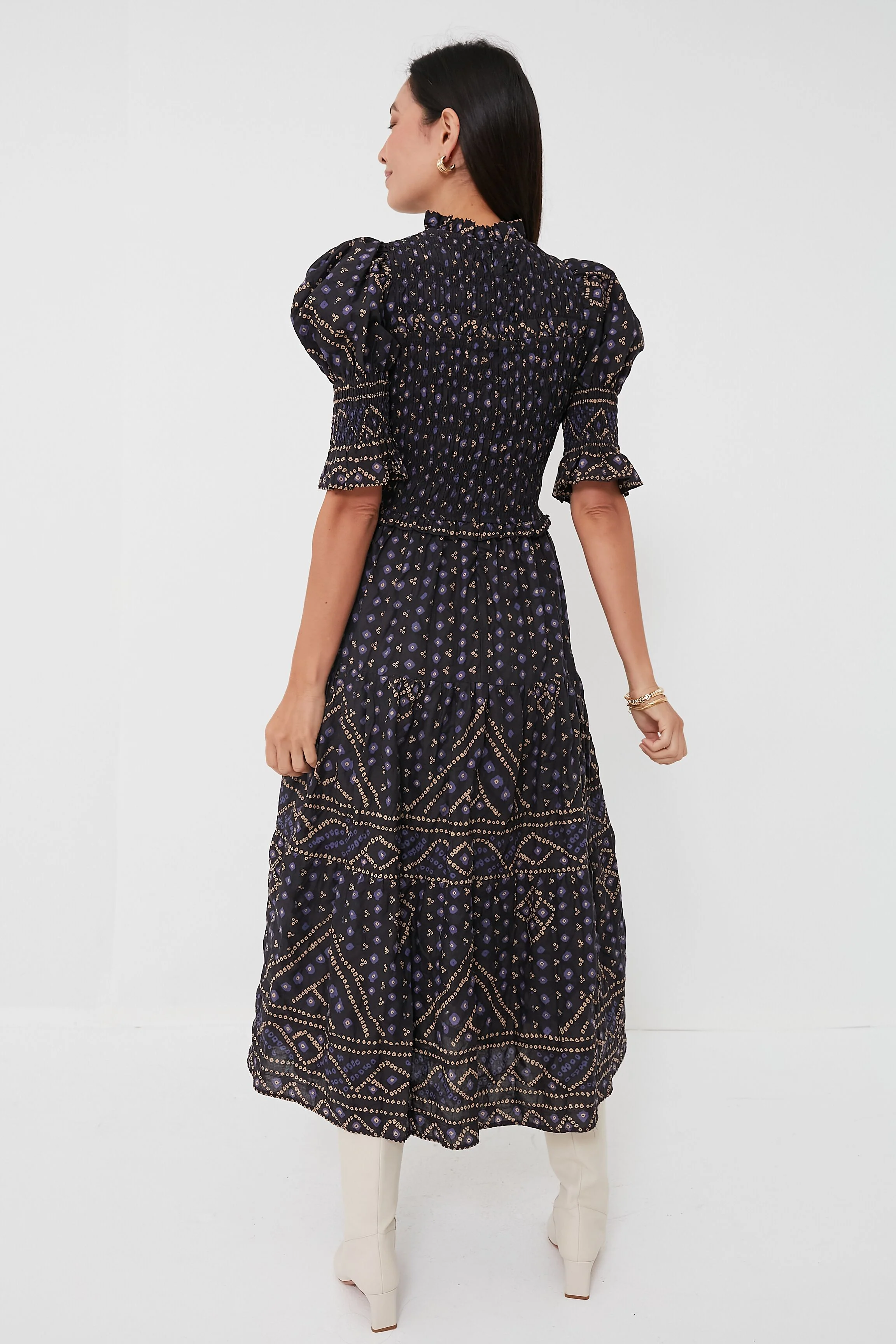 Blue Delphine Pucker Cotton Puff Sleeve Smocked Dress - Image 4