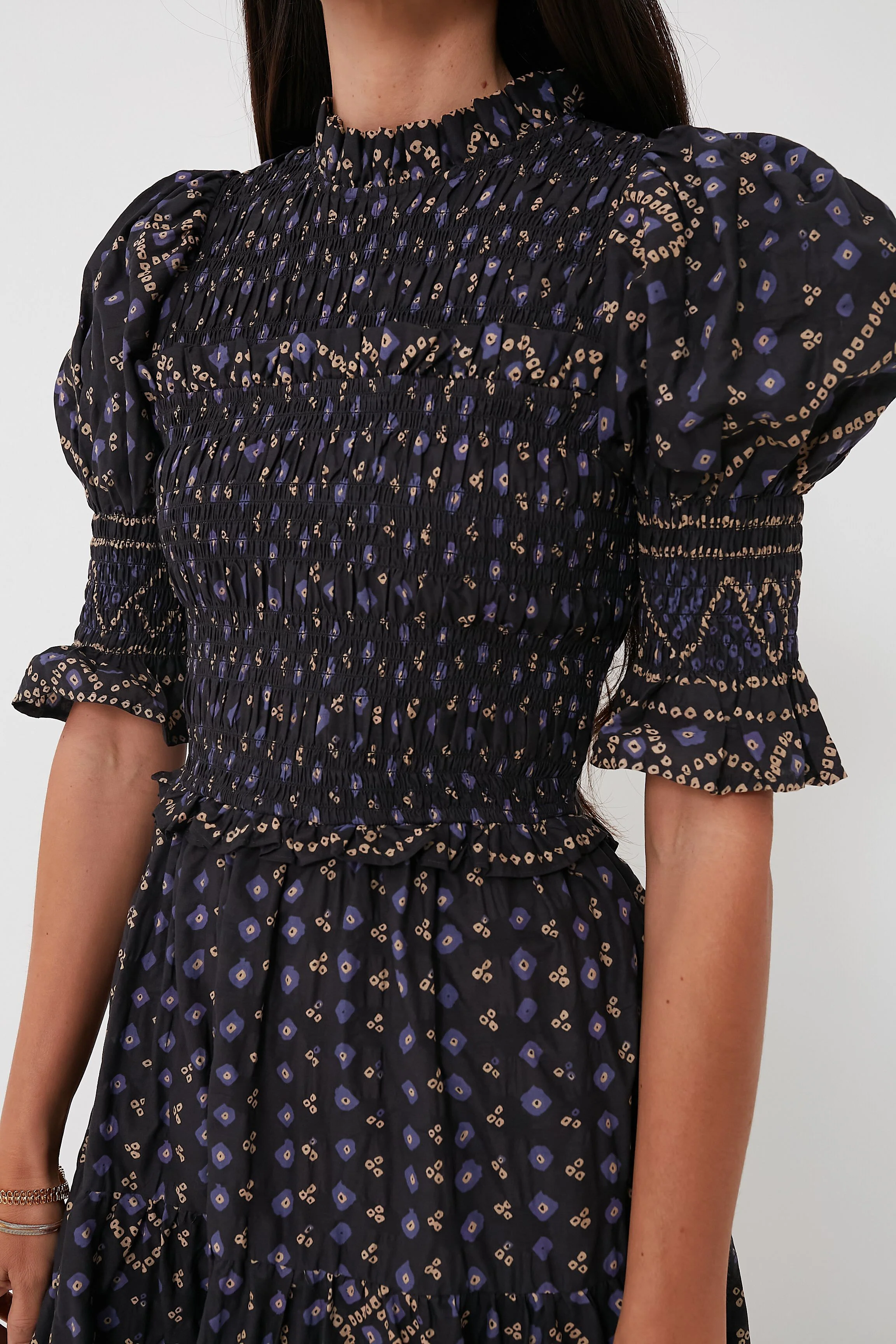 Blue Delphine Pucker Cotton Puff Sleeve Smocked Dress - Image 5