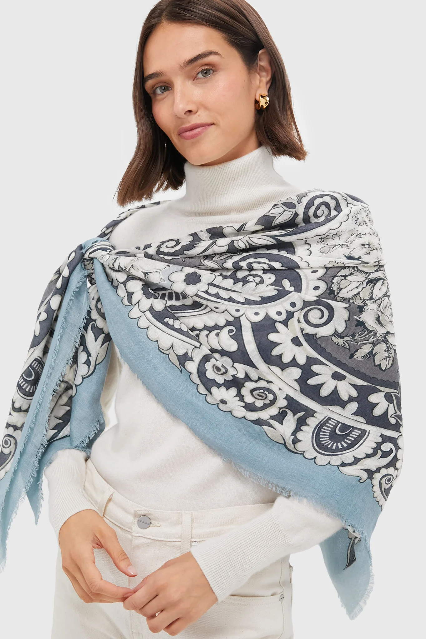 Blue Filigree Silk Cashmere Blend Large Scarf - Image 3