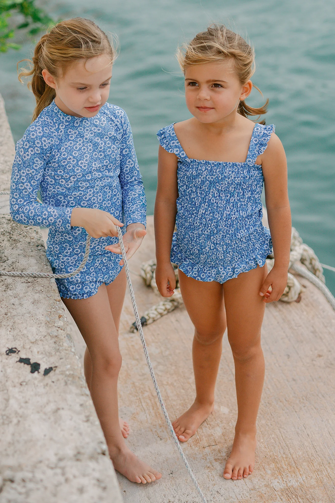 Blue Floral Smocked One Piece with Ruffle Skirt - Image 2