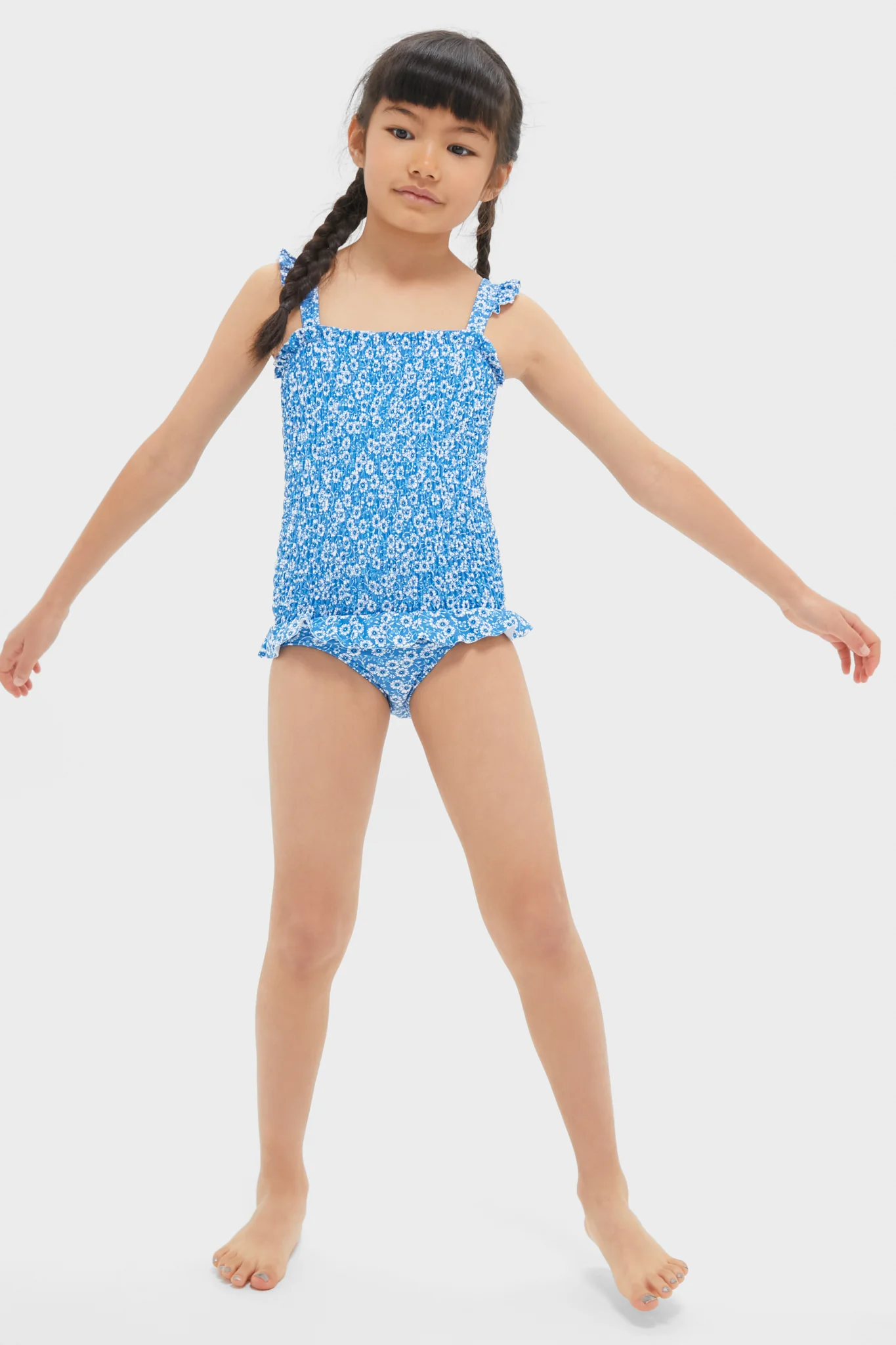 Blue Floral Smocked One Piece with Ruffle Skirt - Image 4