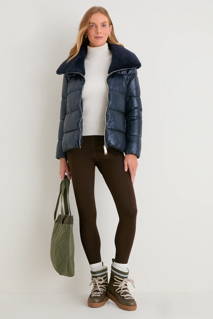 Blue Navy Nylon Ultralight Short Jacket with Faux Fur Collar - Image 2