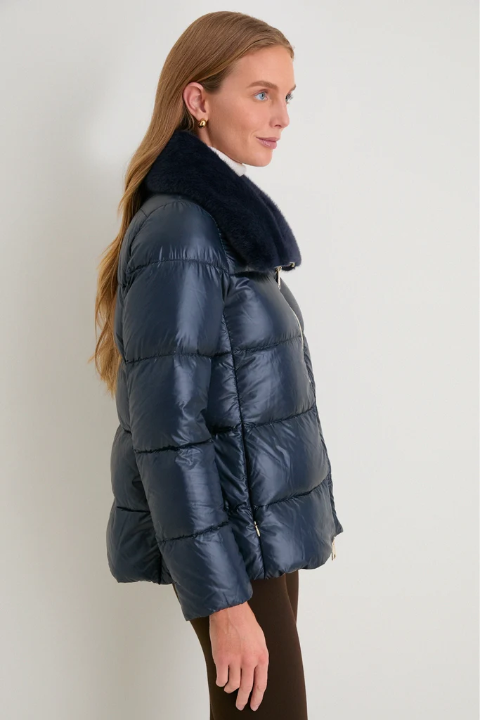 Blue Navy Nylon Ultralight Short Jacket with Faux Fur Collar - Image 3