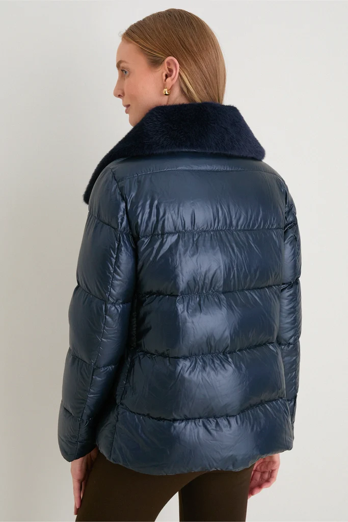 Blue Navy Nylon Ultralight Short Jacket with Faux Fur Collar - Image 4