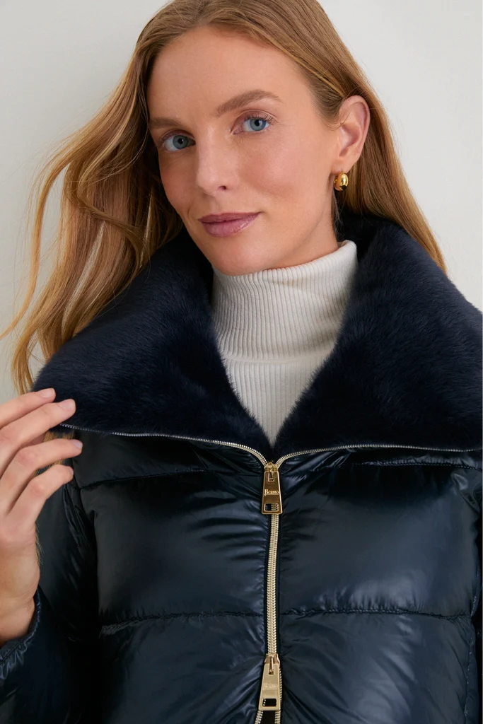 Blue Navy Nylon Ultralight Short Jacket with Faux Fur Collar - Image 5