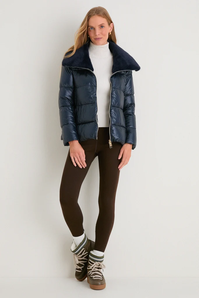 Blue Navy Nylon Ultralight Short Jacket with Faux Fur Collar - Image 6