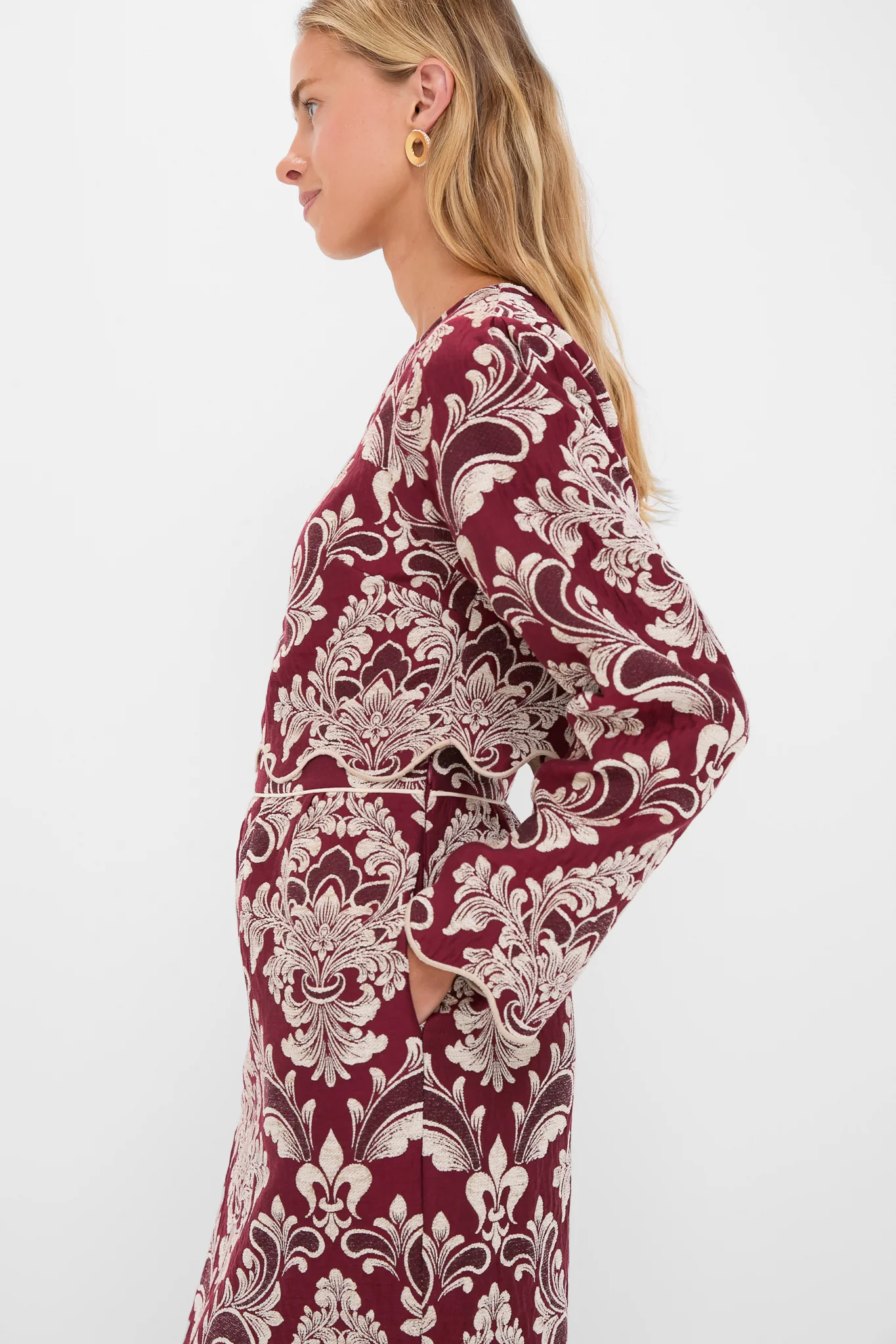 Blush Pink and Burgundy Bicolor Jacquard Waves Long Sleeve Top - Image 3