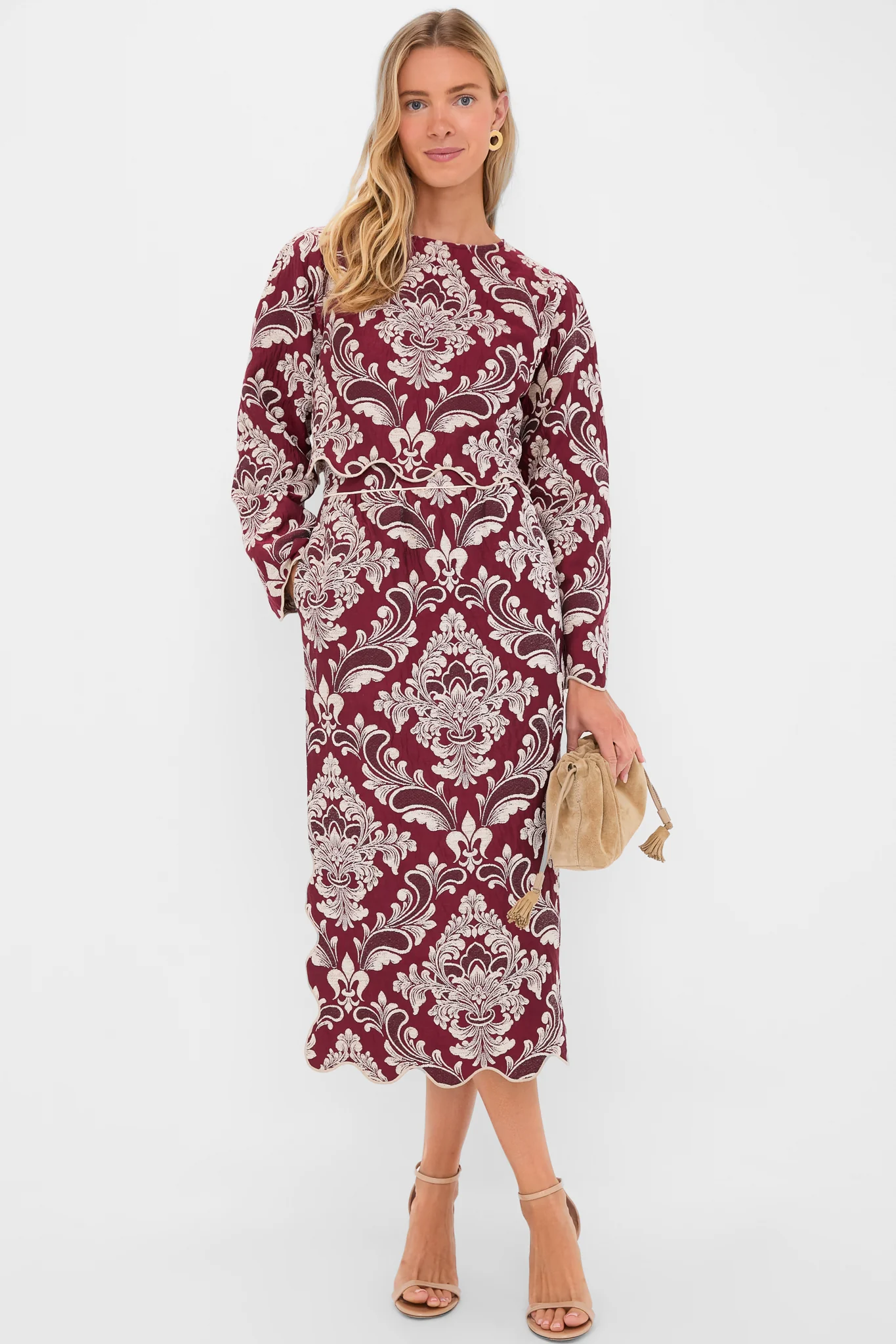 Blush Pink and Burgundy Bicolor Jacquard Waves Midi Skirt - Image 2