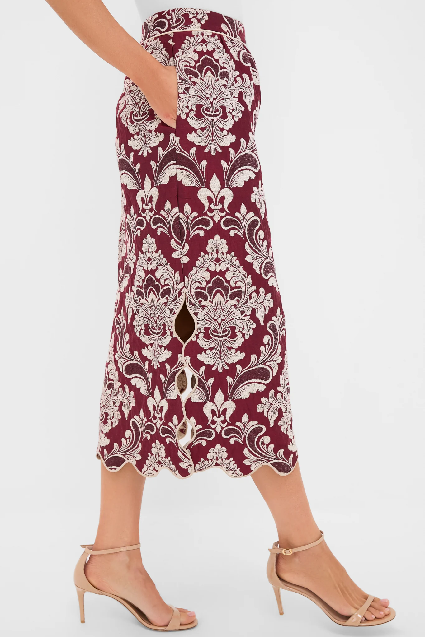 Blush Pink and Burgundy Bicolor Jacquard Waves Midi Skirt - Image 3