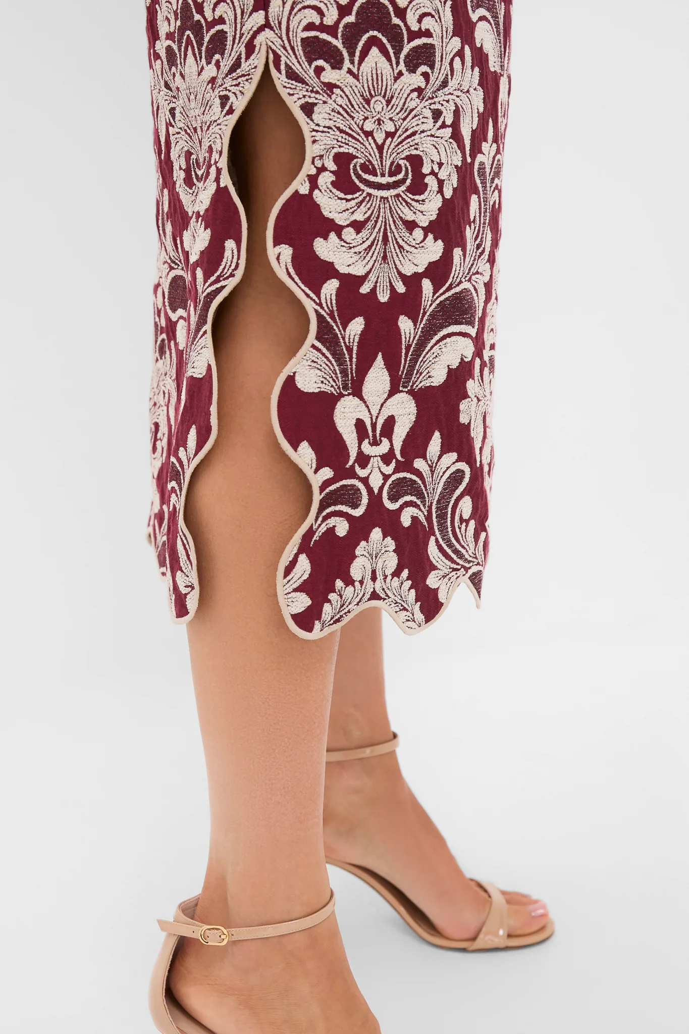 Blush Pink and Burgundy Bicolor Jacquard Waves Midi Skirt - Image 5