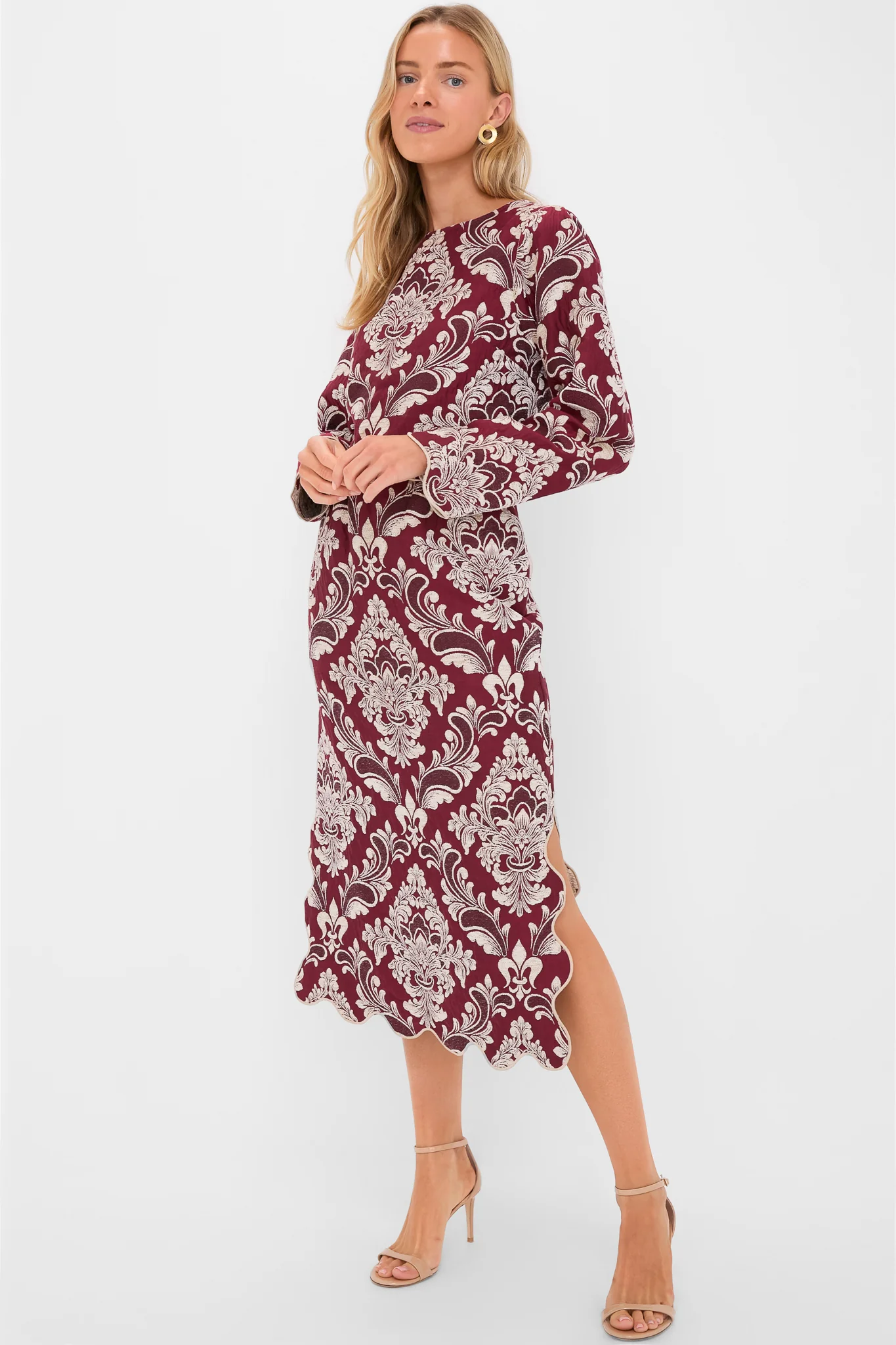 Blush Pink and Burgundy Bicolor Jacquard Waves Midi Skirt - Image 6