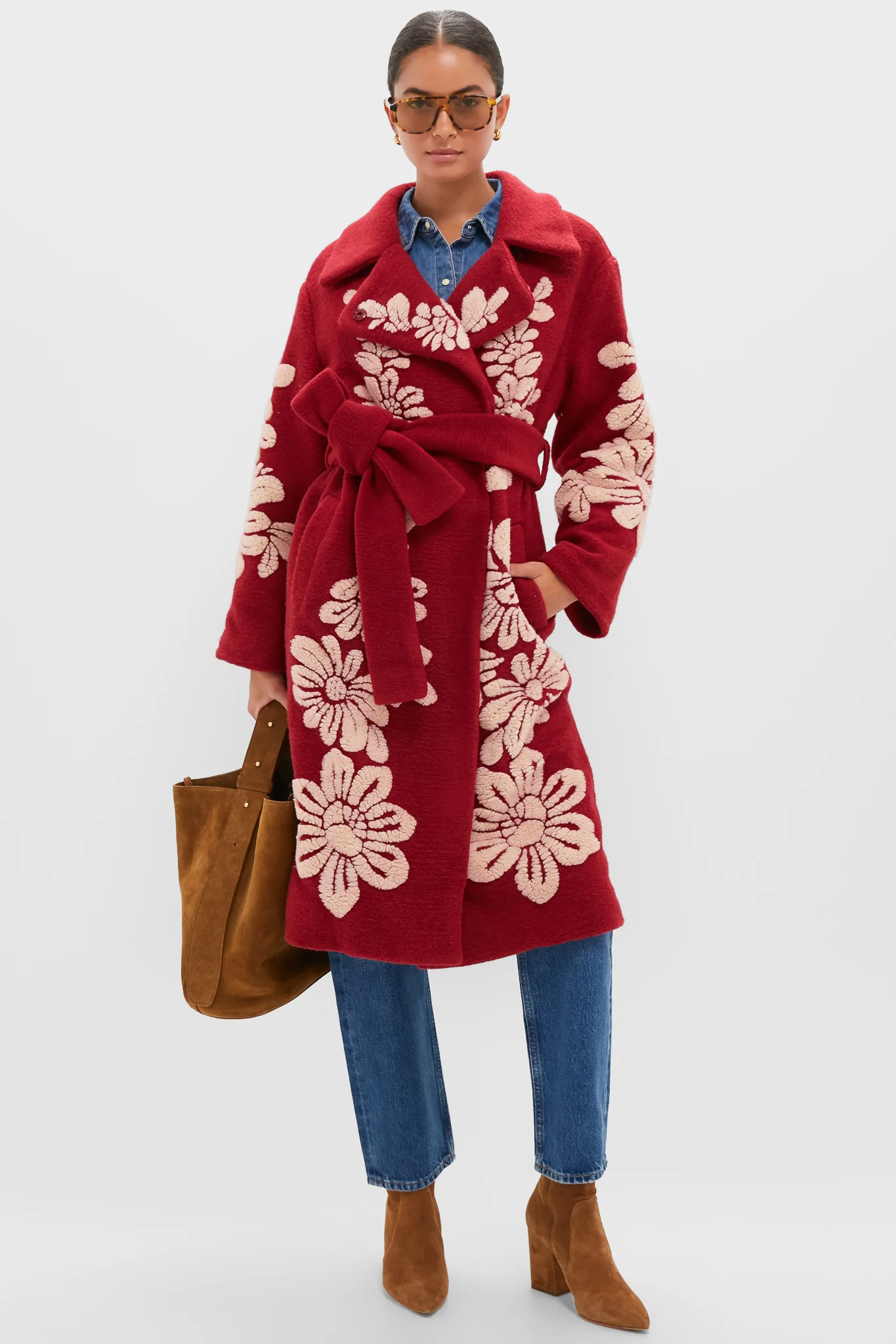 Bold Flowers Burgundy Fleece Coat - Image 2