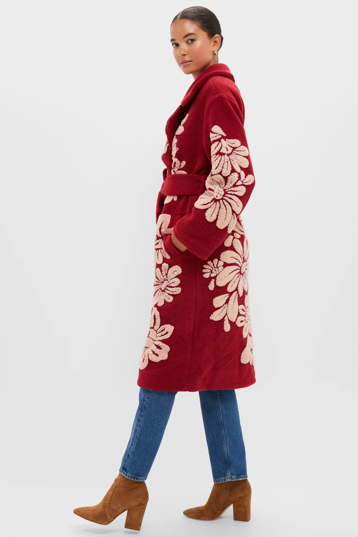 Bold Flowers Burgundy Fleece Coat - Image 3