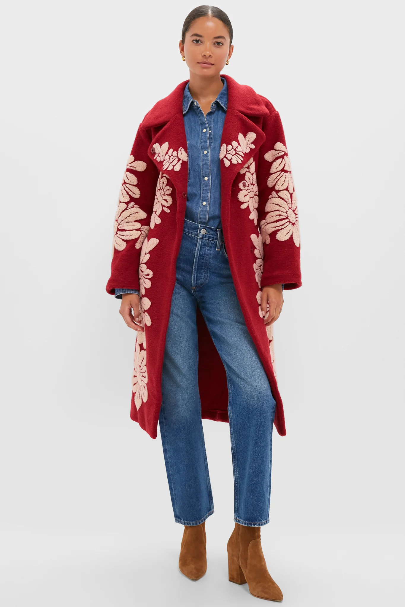 Bold Flowers Burgundy Fleece Coat - Image 6