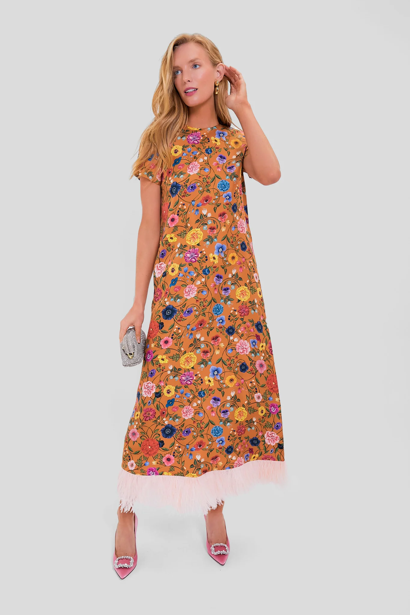 Botticelli Rust Short Sleeve Swing Dress with Feathers - Image 2