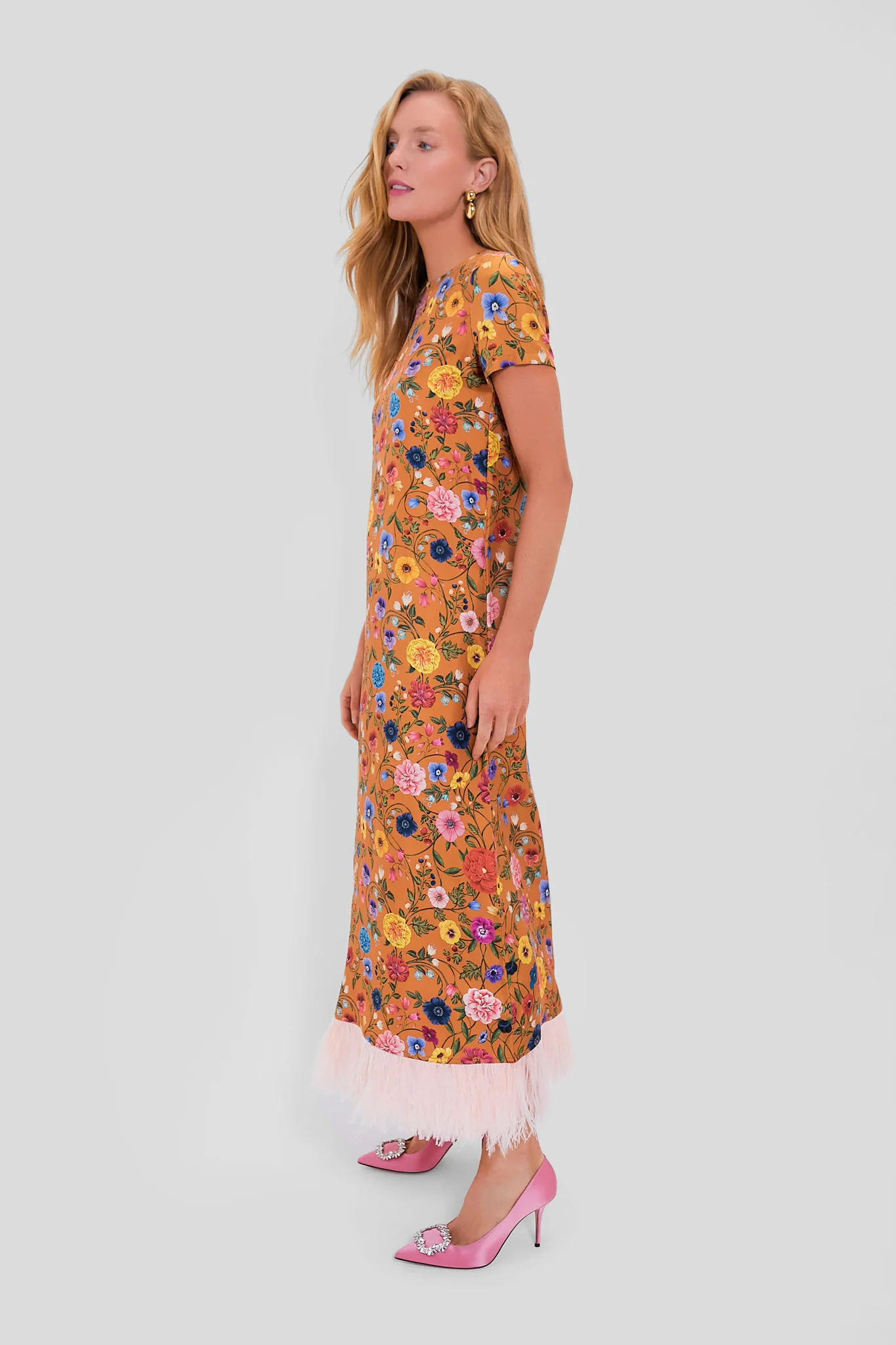 Botticelli Rust Short Sleeve Swing Dress with Feathers - Image 3