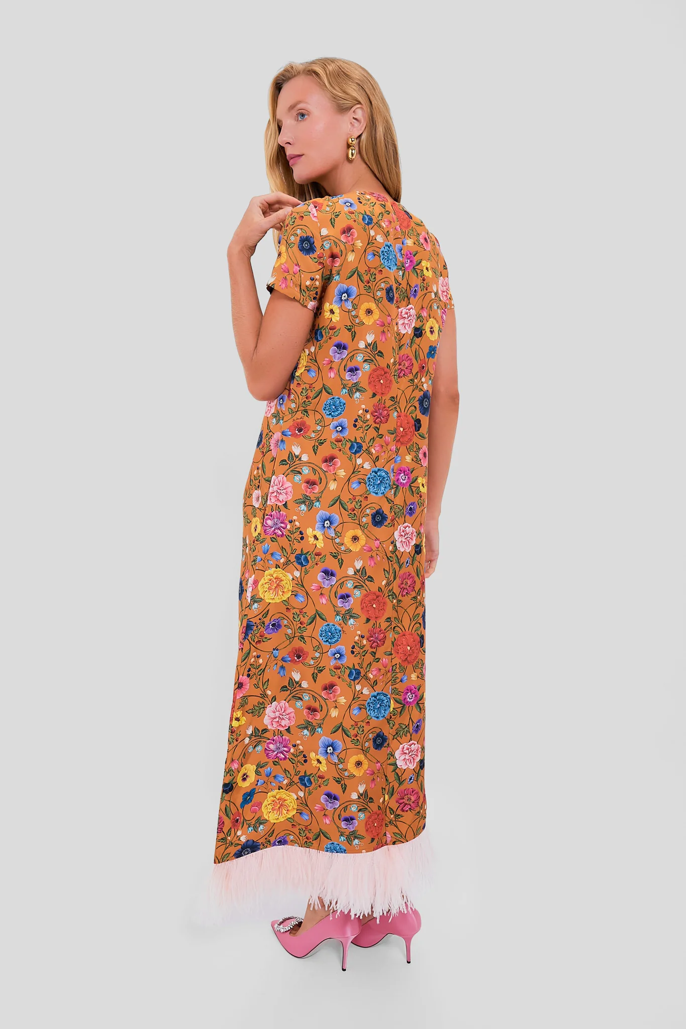 Botticelli Rust Short Sleeve Swing Dress with Feathers - Image 4