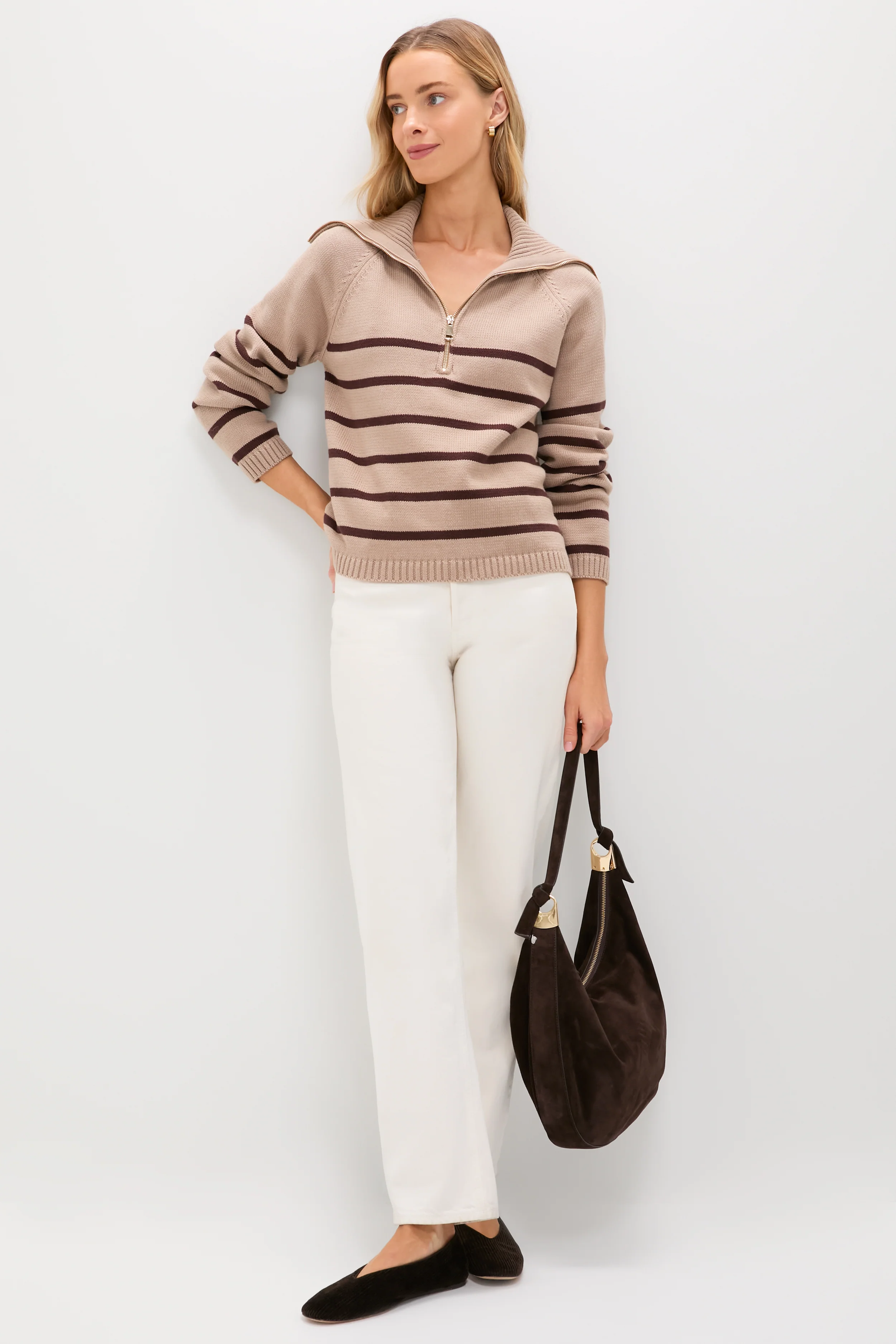 Tan & Brown Stripe Jasper Quarter Zip Sweater - Image 2