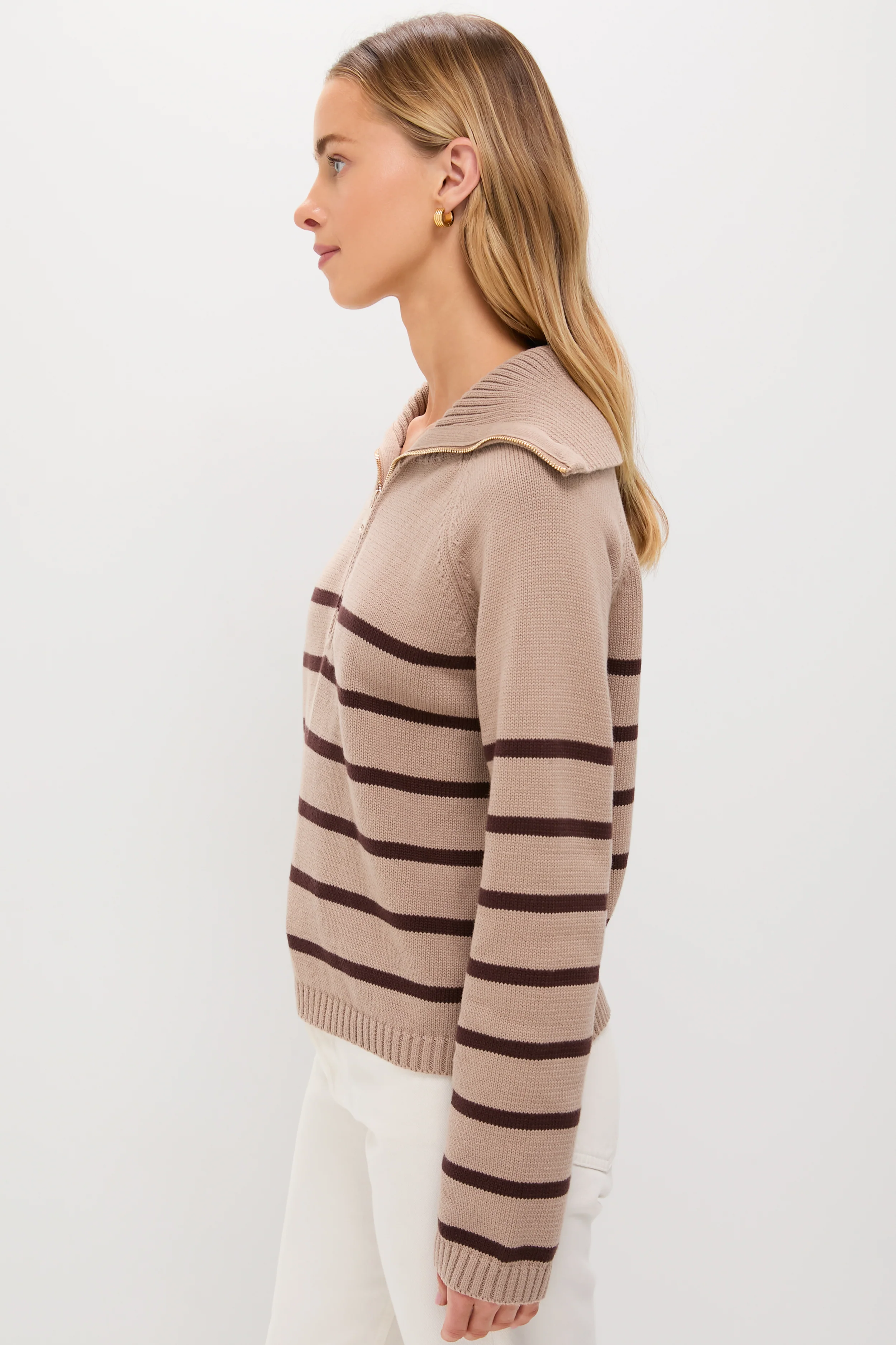 Tan & Brown Stripe Jasper Quarter Zip Sweater - Image 3