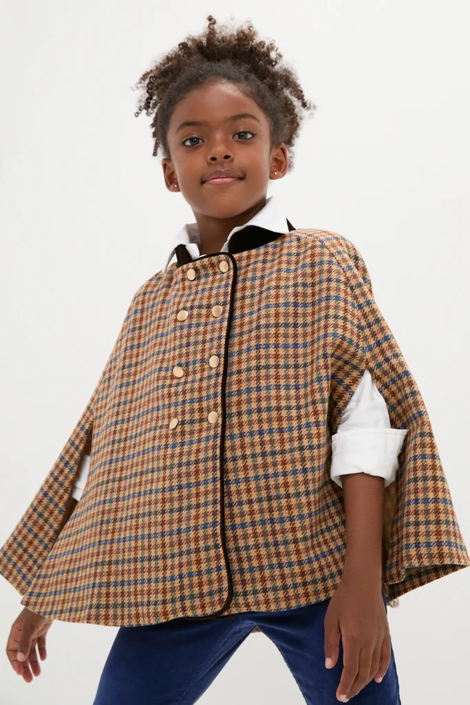 Checked Double Breasted Cape in Brown