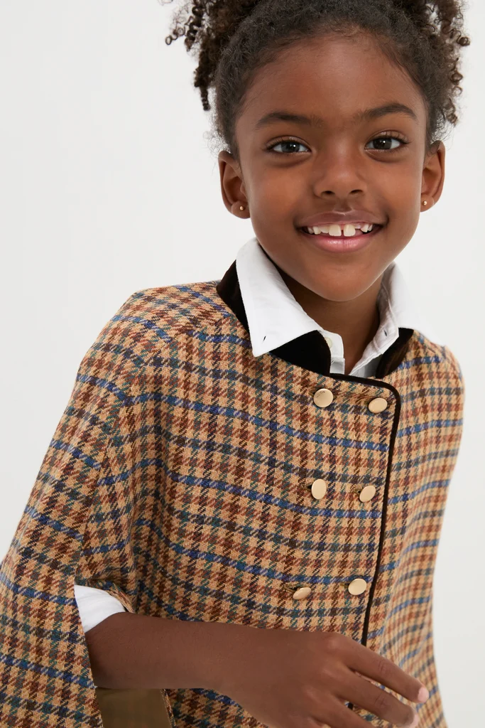 Checked Double Breasted Cape in Brown - Image 3