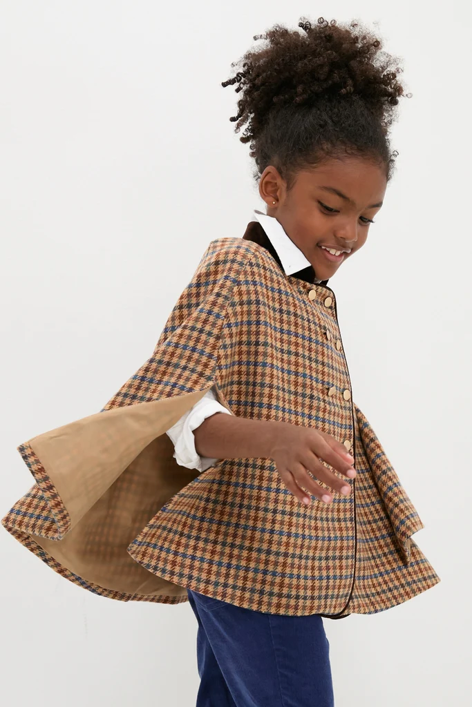 Checked Double Breasted Cape in Brown - Image 4