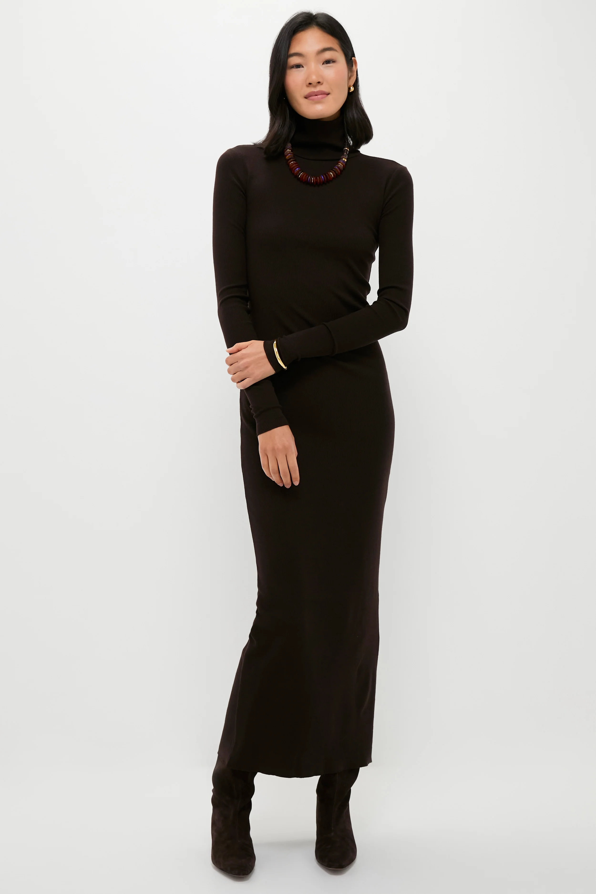 Brown Melange Rib Knit Turtleneck Column Dress