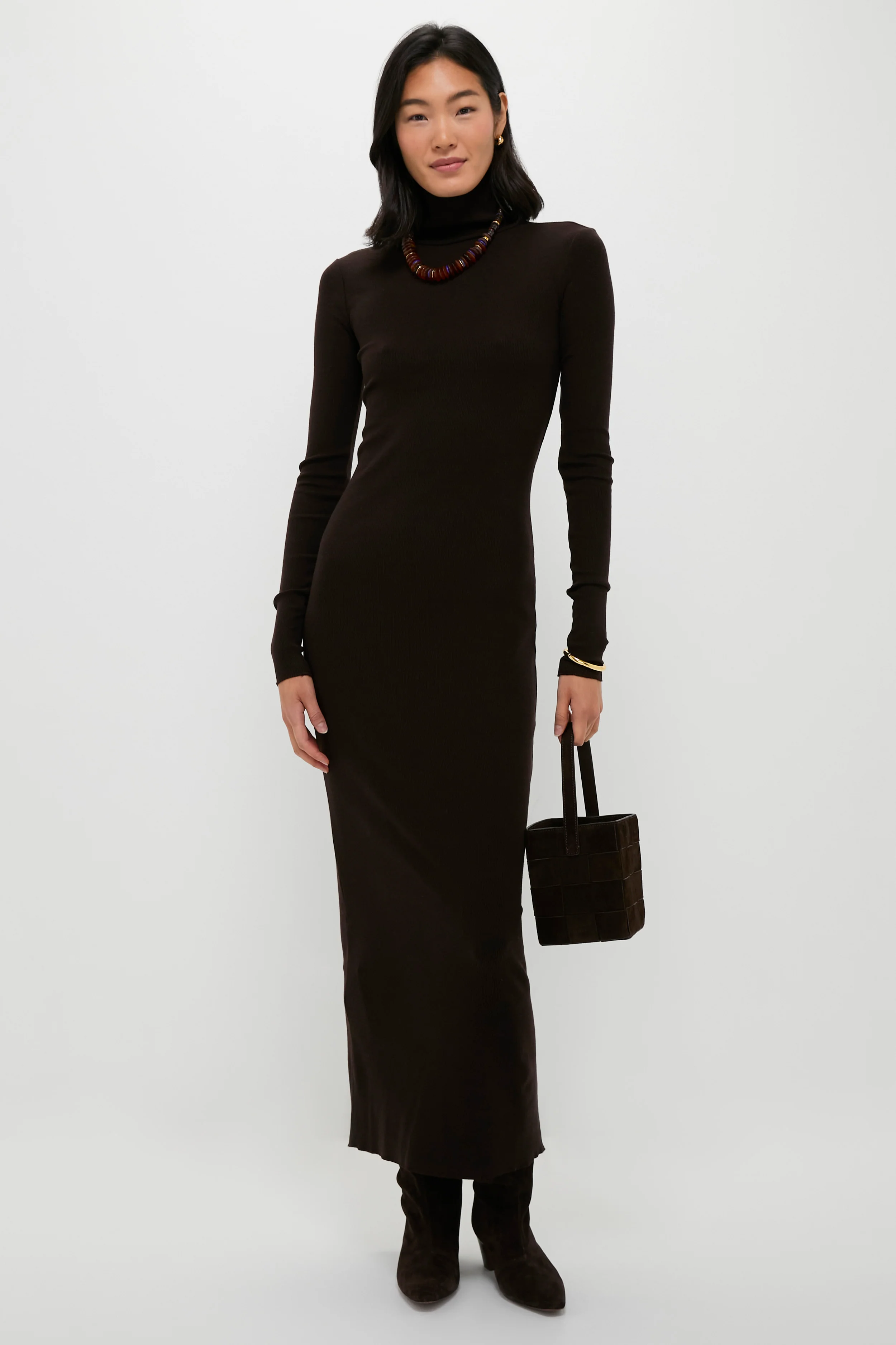 Brown Melange Rib Knit Turtleneck Column Dress - Image 2