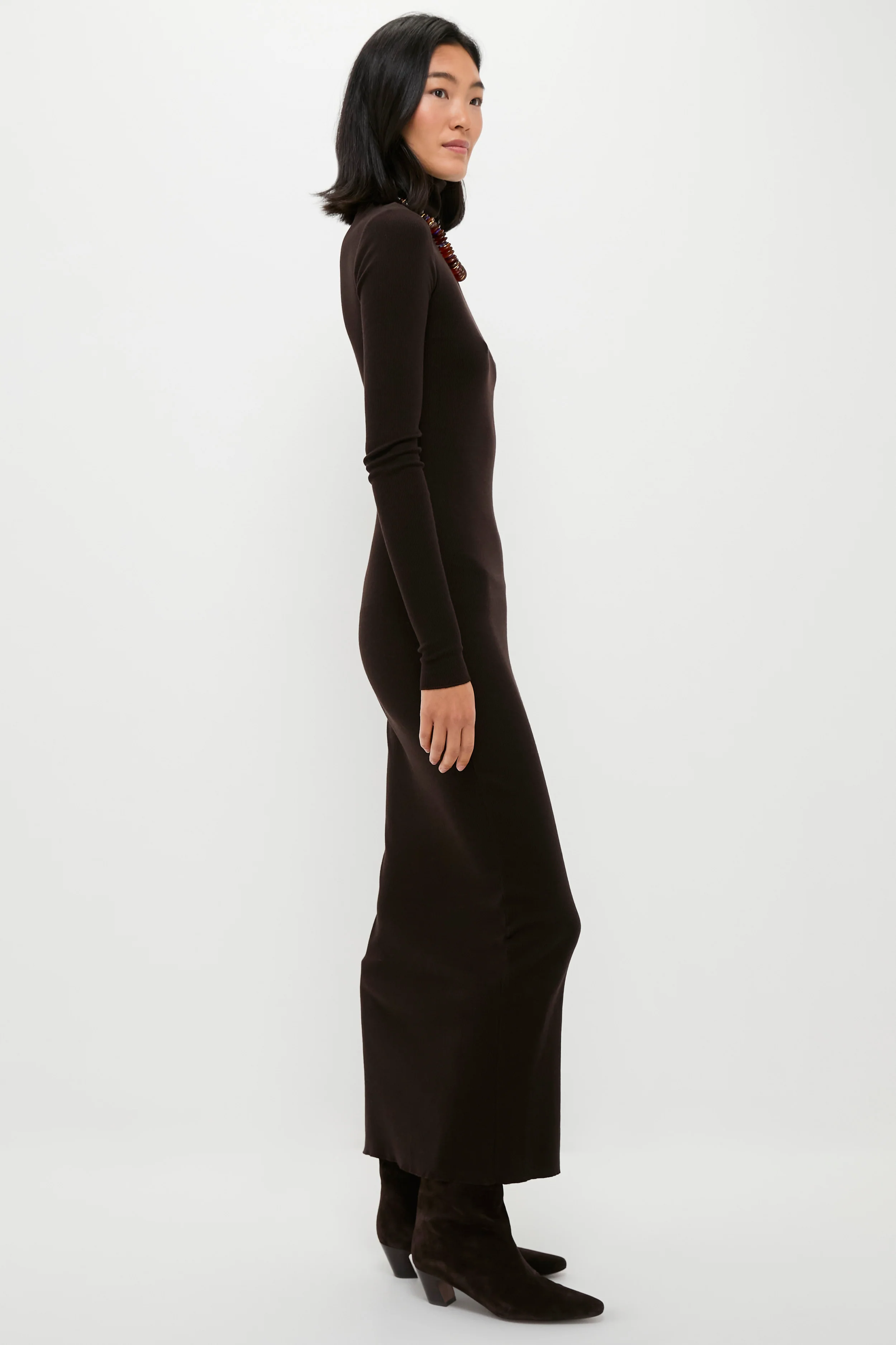 Brown Melange Rib Knit Turtleneck Column Dress - Image 3