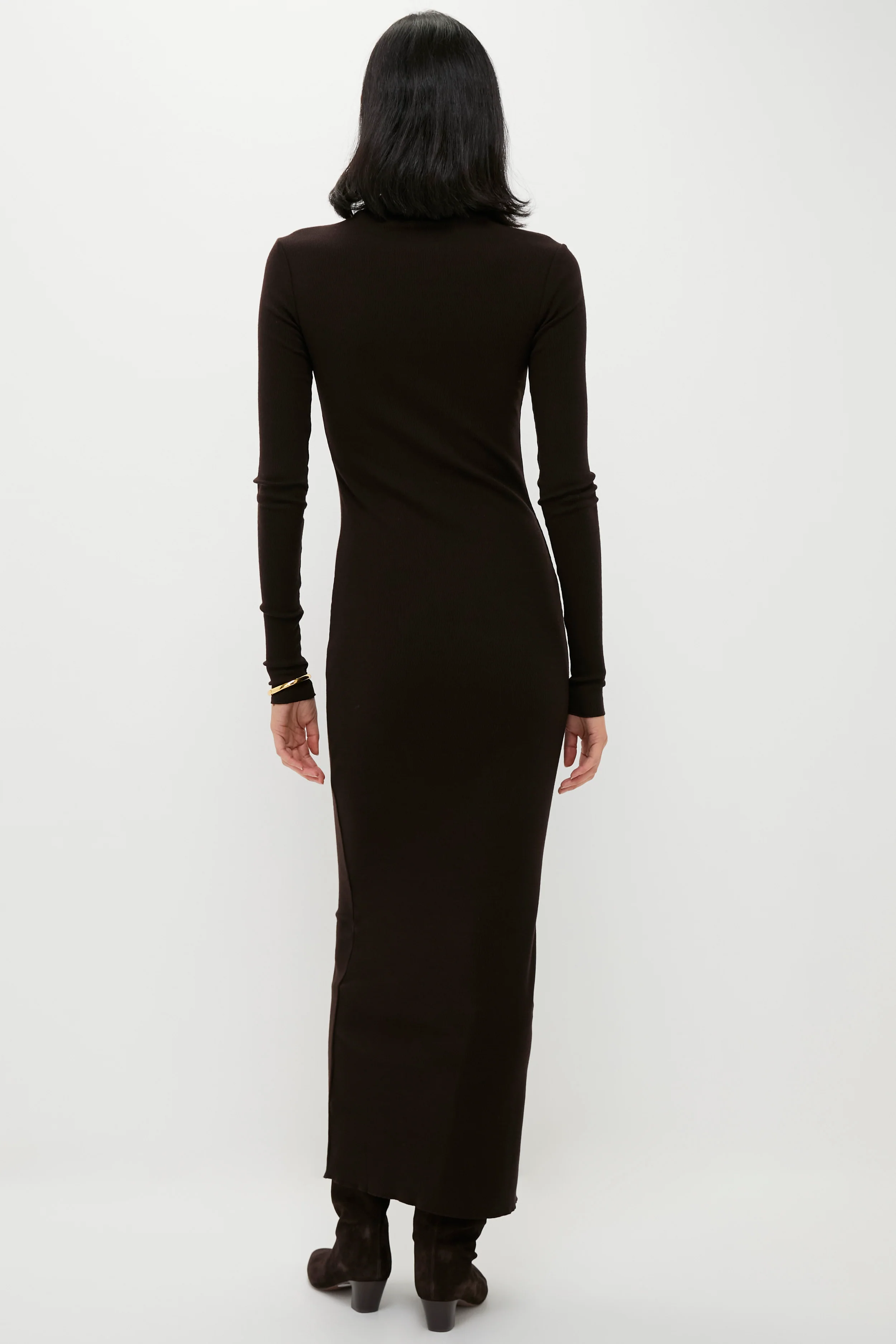 Brown Melange Rib Knit Turtleneck Column Dress - Image 4