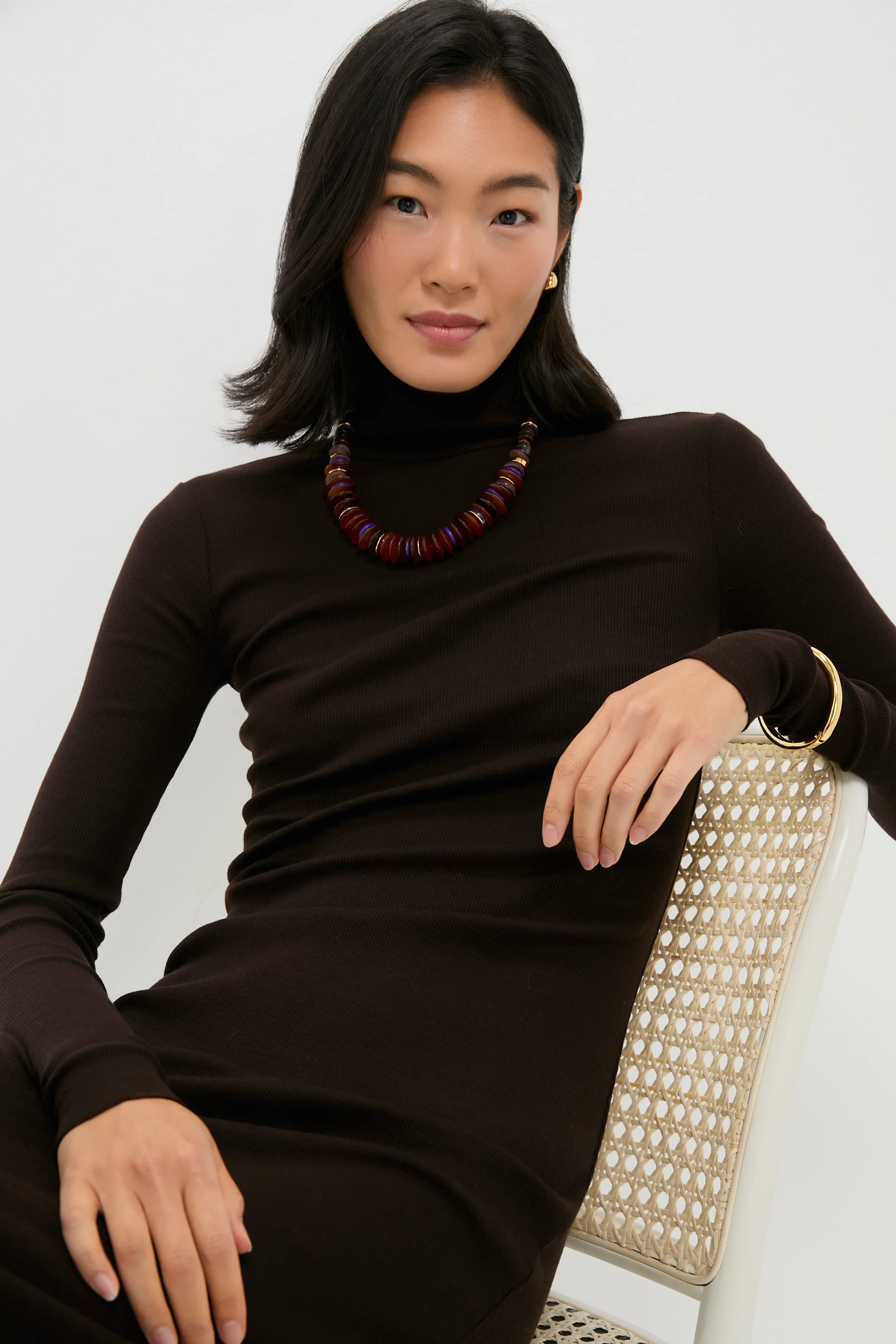 Brown Melange Rib Knit Turtleneck Column Dress - Image 6