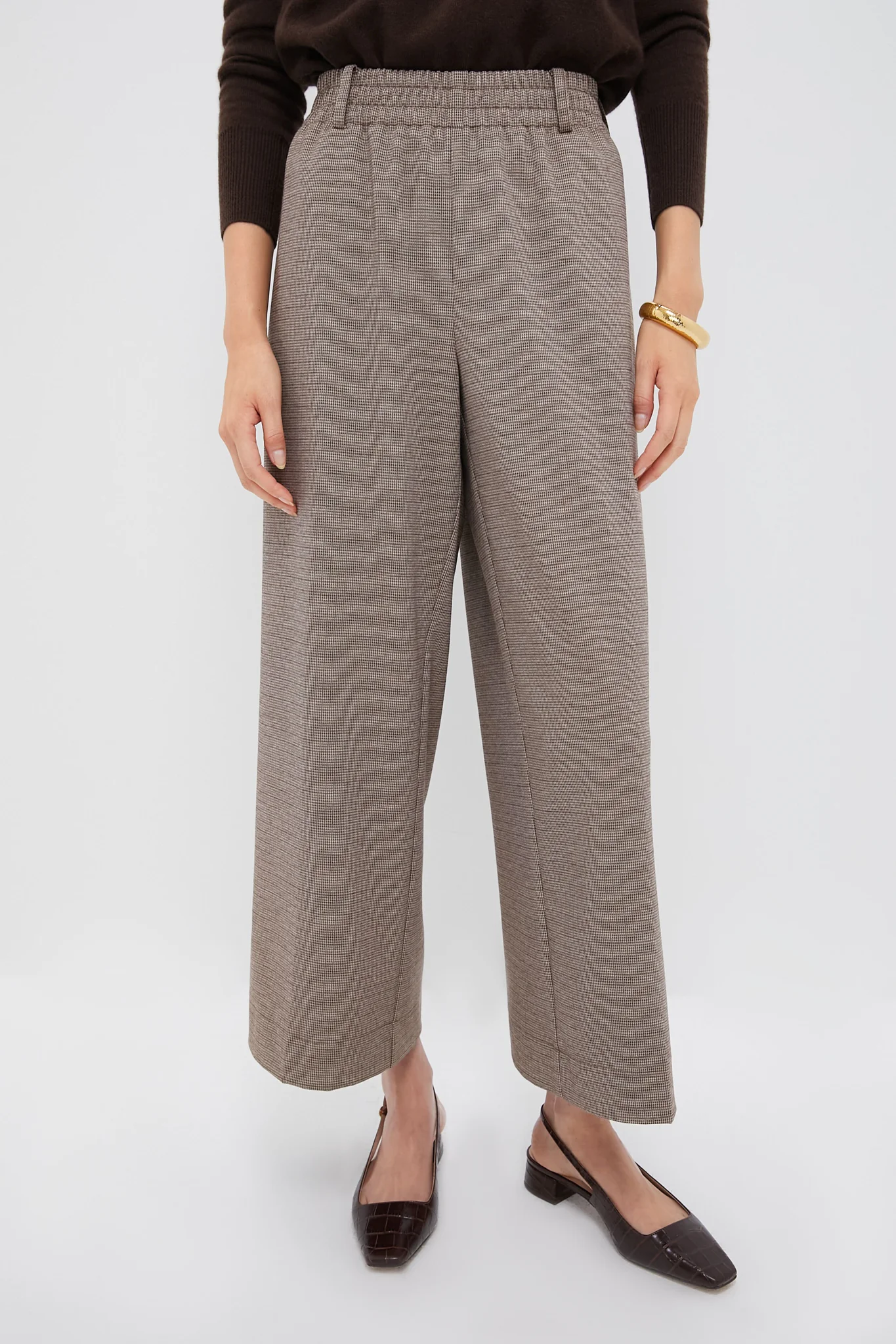 Brown Plaid Cropped Flare Carlton Pants - Image 2