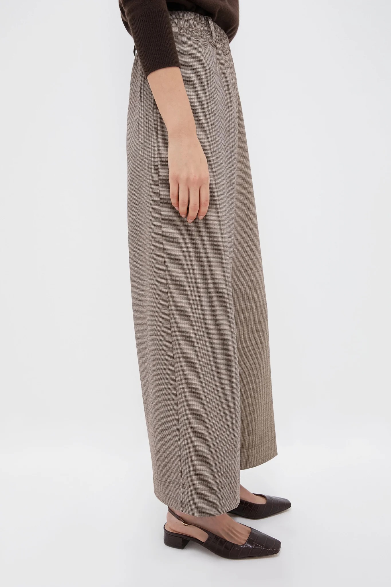 Brown Plaid Cropped Flare Carlton Pants - Image 3