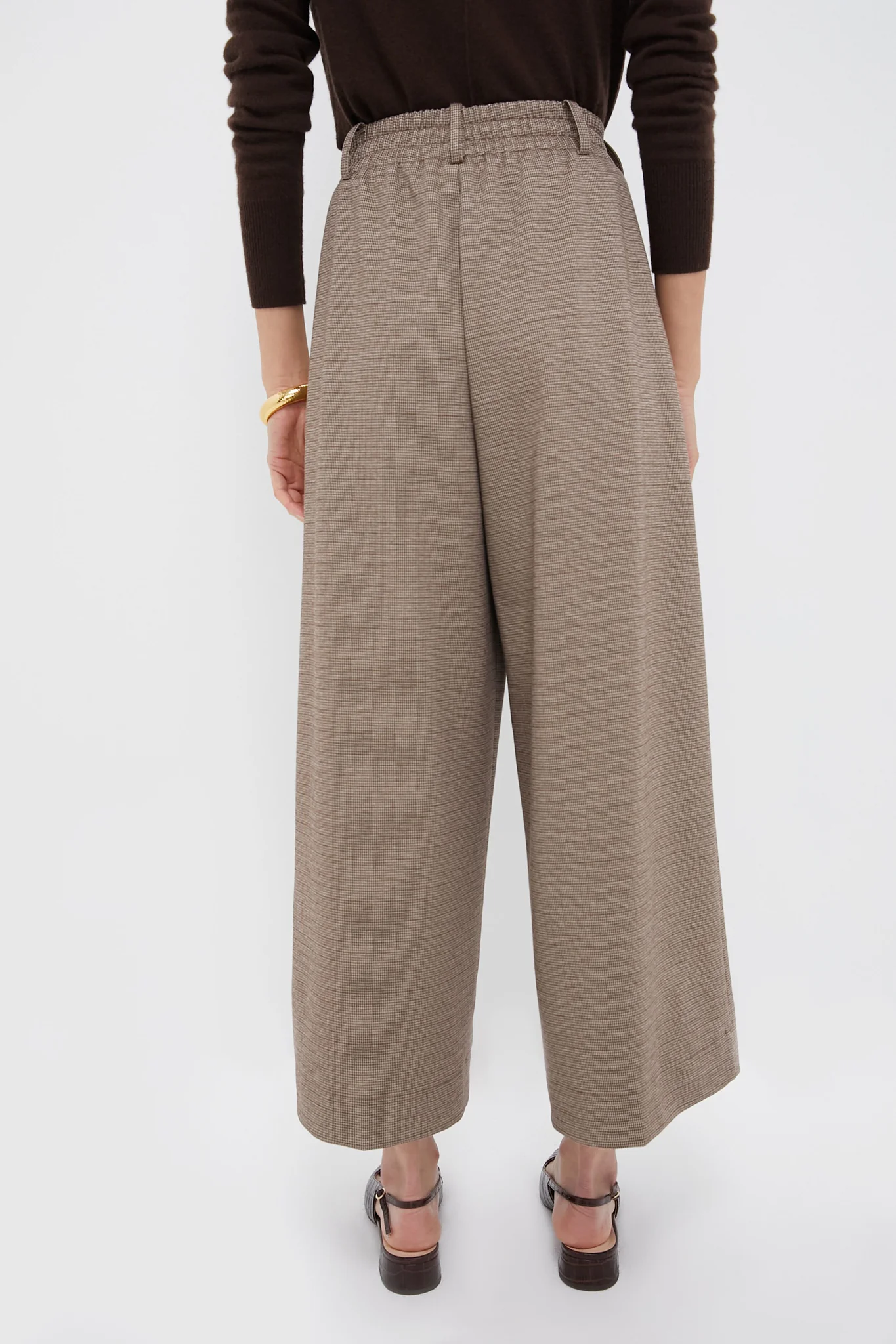 Brown Plaid Cropped Flare Carlton Pants - Image 4