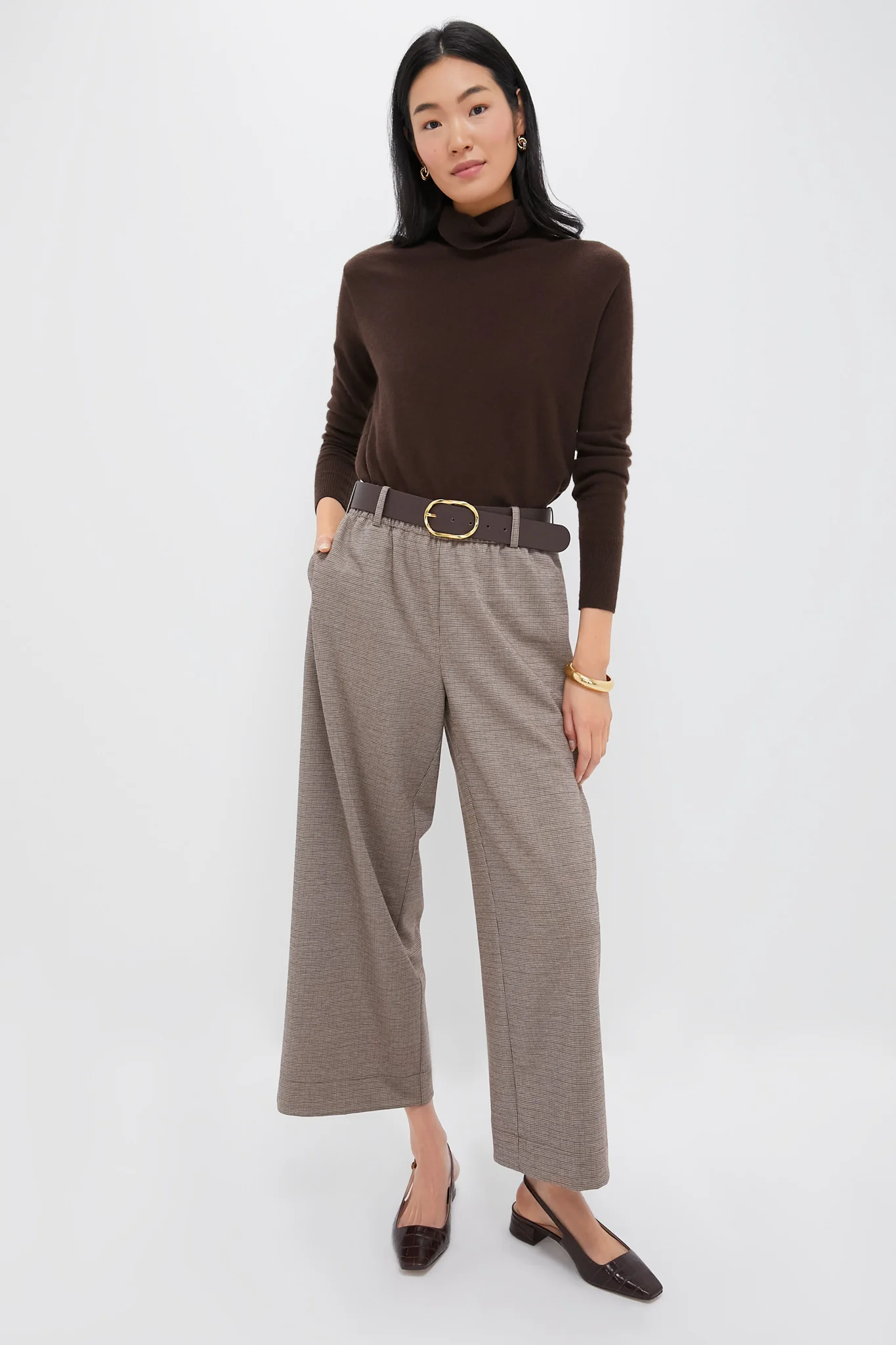 Brown Plaid Cropped Flare Carlton Pants - Image 6