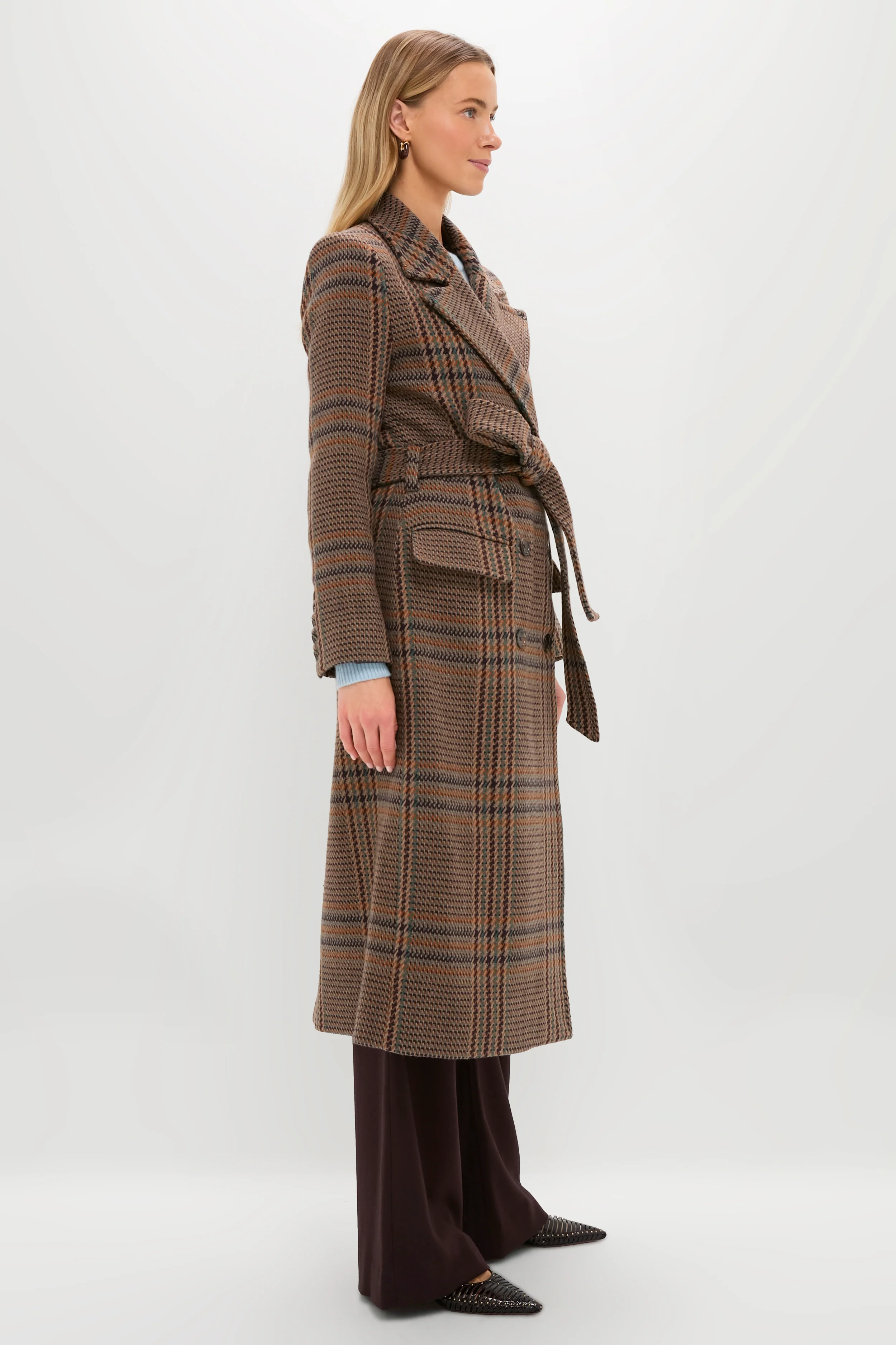 Brown Plaid Kolina Long Coat with Belt - Image 3