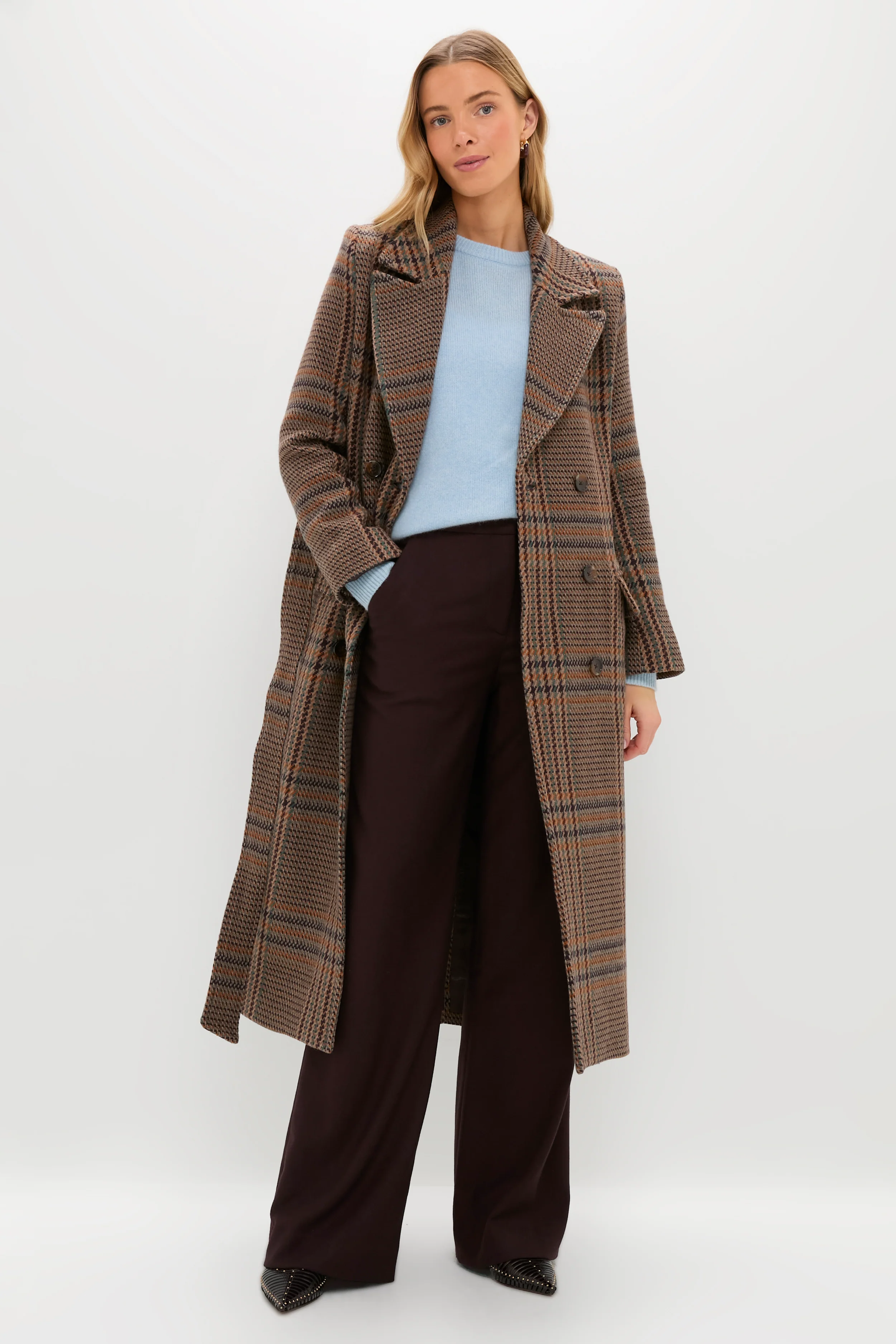Brown Plaid Kolina Long Coat with Belt - Image 6