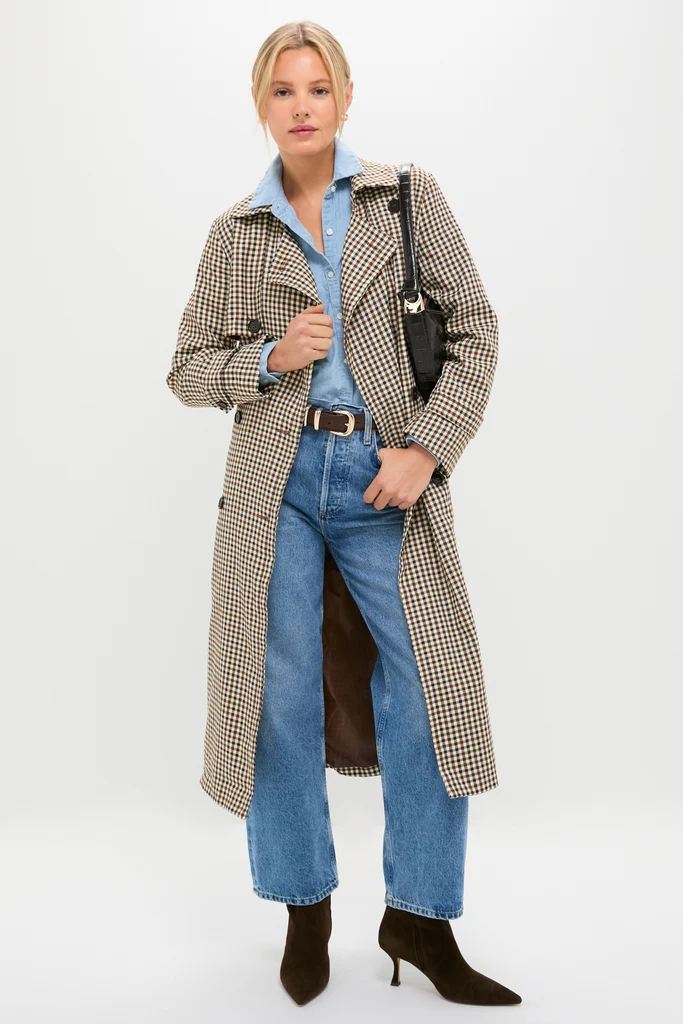 Brown Plaid Long Trench Coat - Image 2