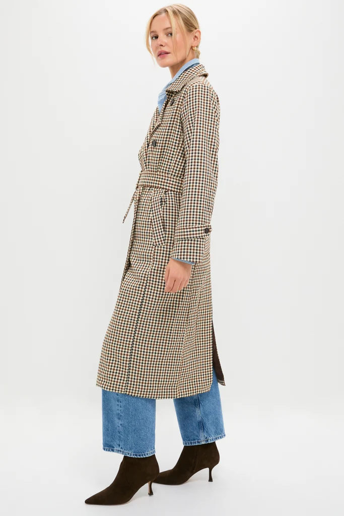 Brown Plaid Long Trench Coat - Image 3