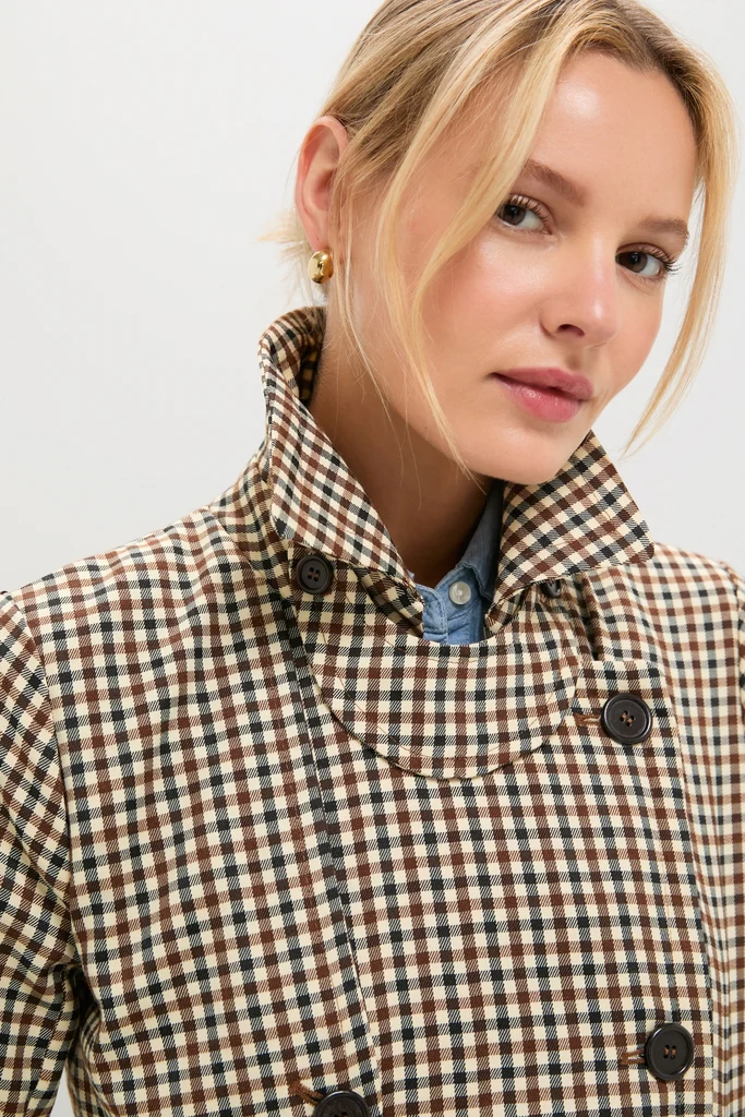 Brown Plaid Long Trench Coat - Image 5