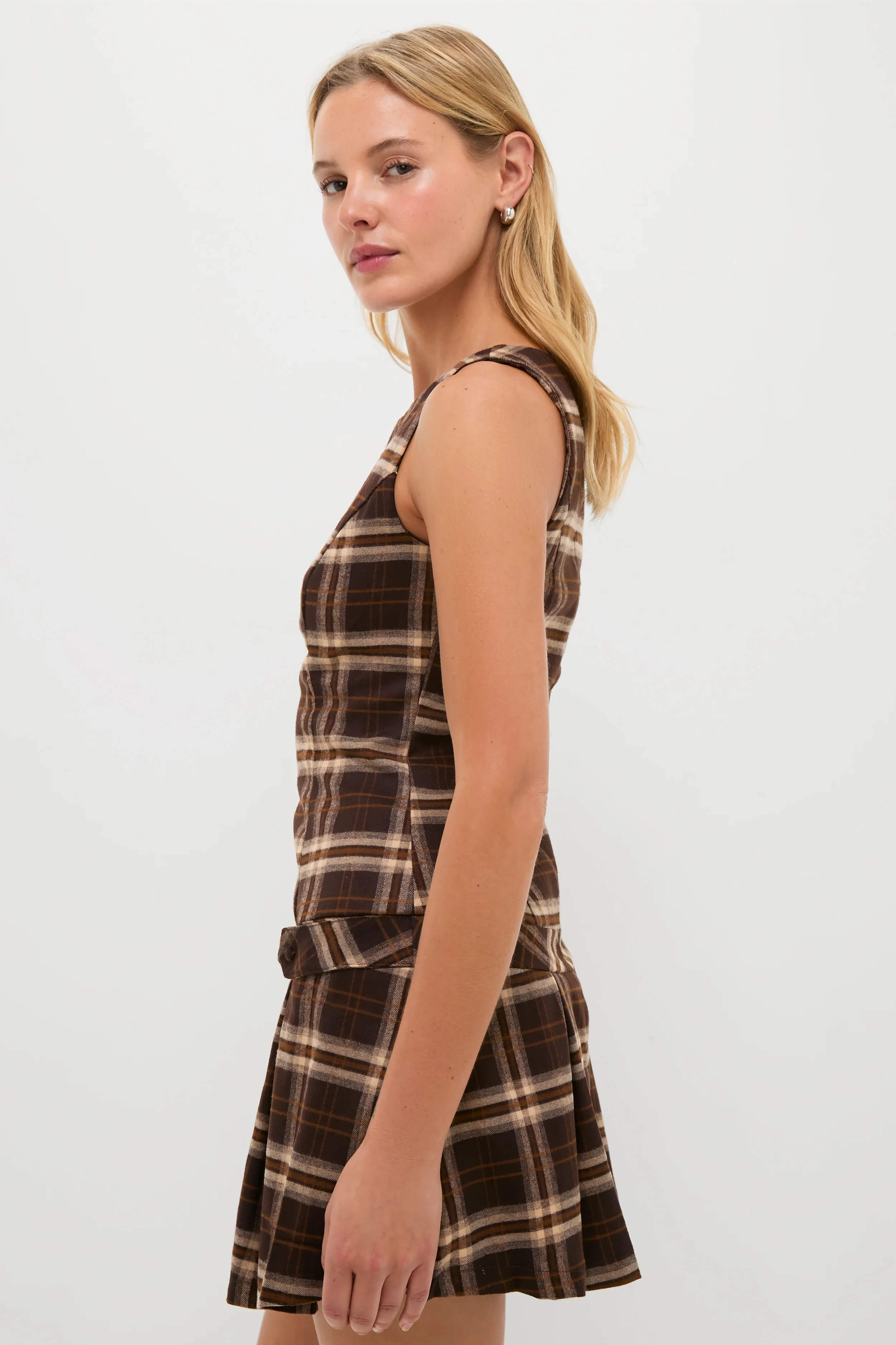 Brown Plaid Pleated Mini Dress - Image 3