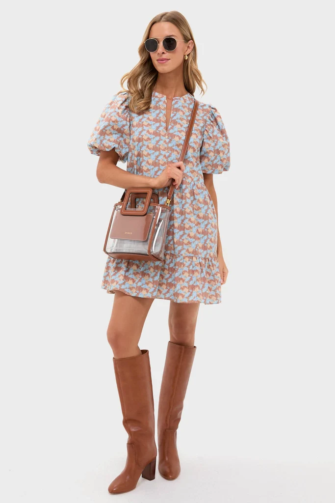 Brown & Powder Blue Floral Zip Front Ellie Mini Dress - Image 3