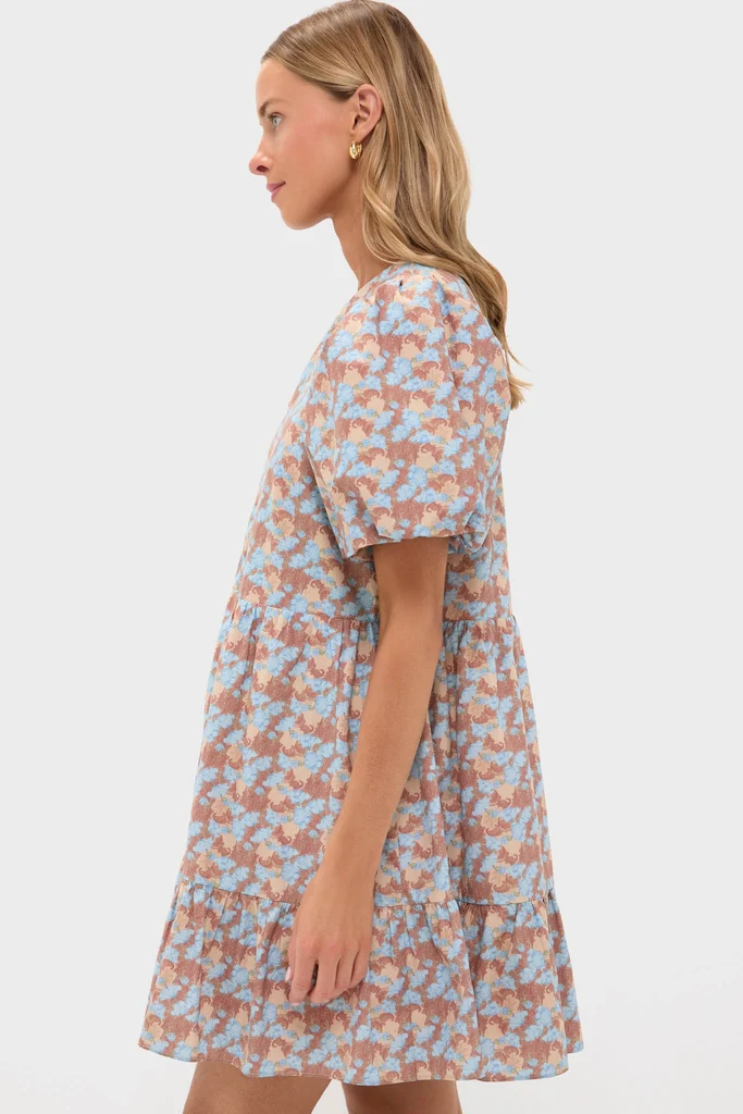 Brown & Powder Blue Floral Zip Front Ellie Mini Dress - Image 4