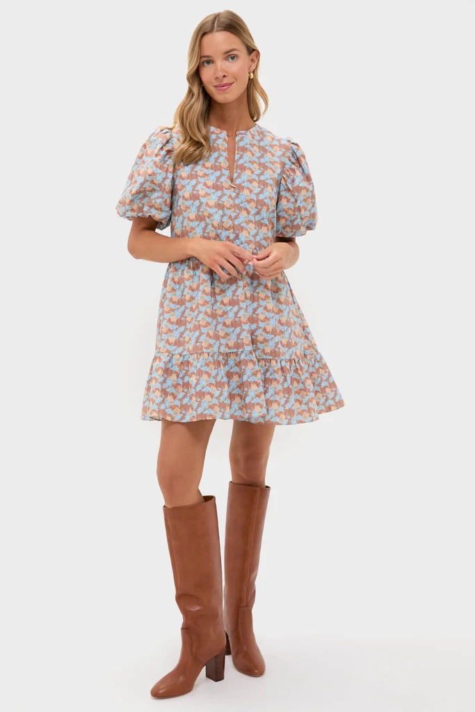 Brown & Powder Blue Floral Zip Front Ellie Mini Dress - Image 6