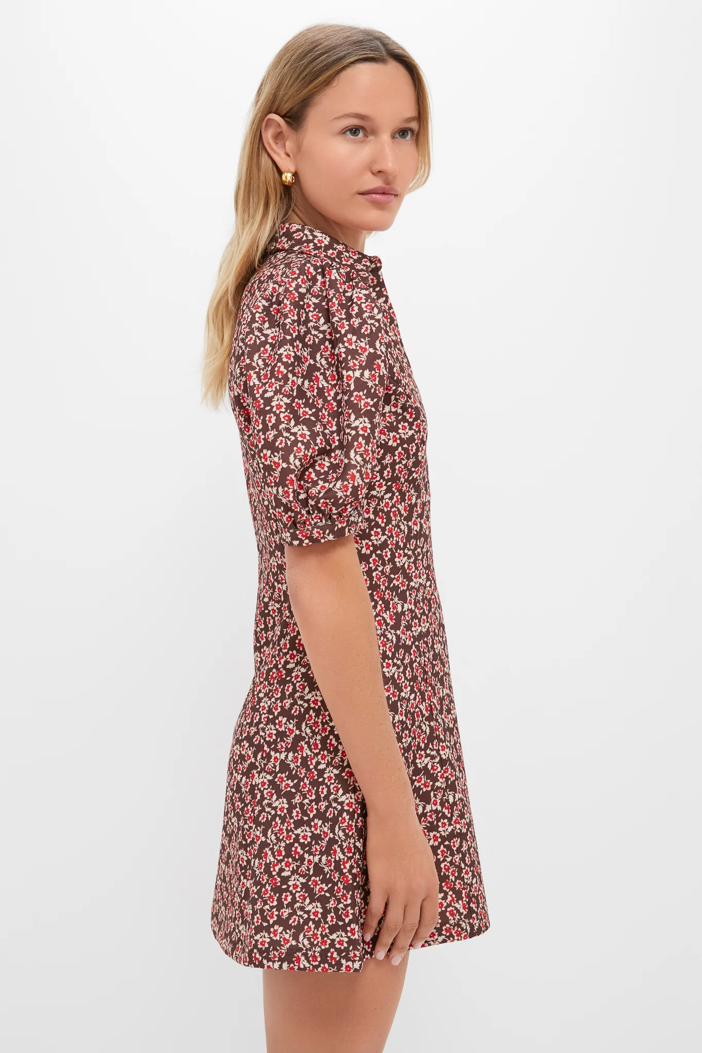 Brown & Red Floral Corduroy Front Zip Mini Dress - Image 3