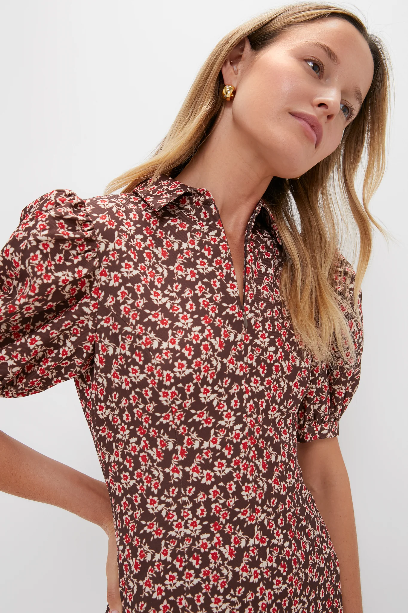 Brown & Red Floral Corduroy Front Zip Mini Dress - Image 5
