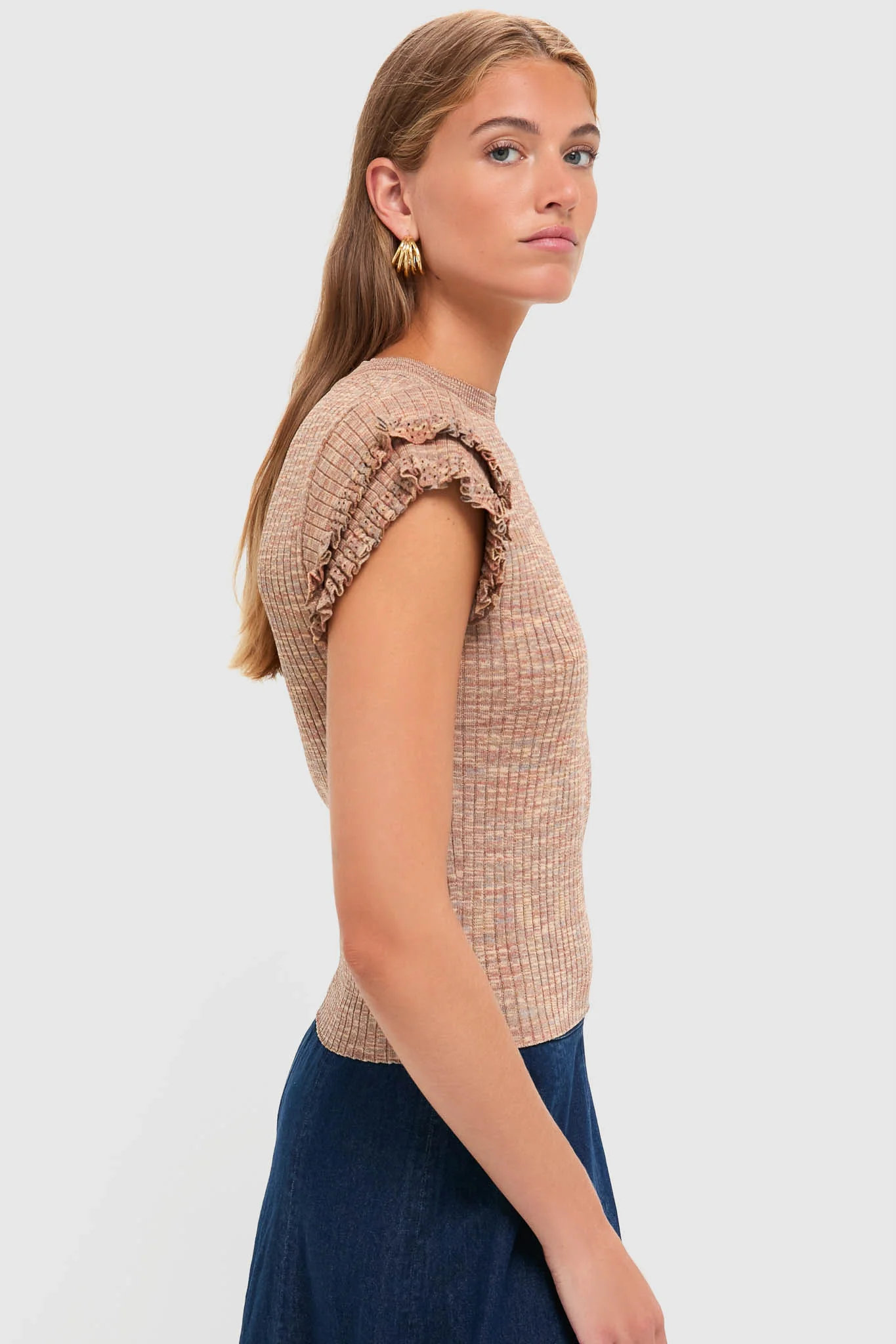 Brown Rowe Crewneck Flutter Sleeve Knit Top - Image 3