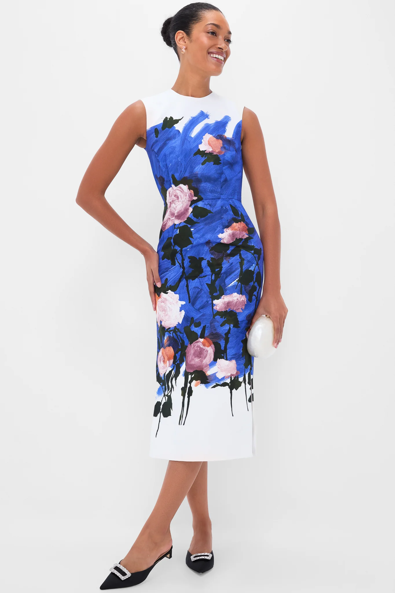 Brushstroke Rose Cobalt Blue Sleeveless Pencil Midi Dress - Image 2