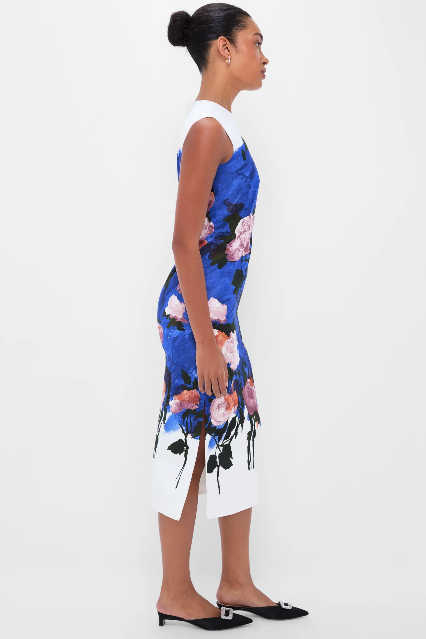 Brushstroke Rose Cobalt Blue Sleeveless Pencil Midi Dress - Image 3